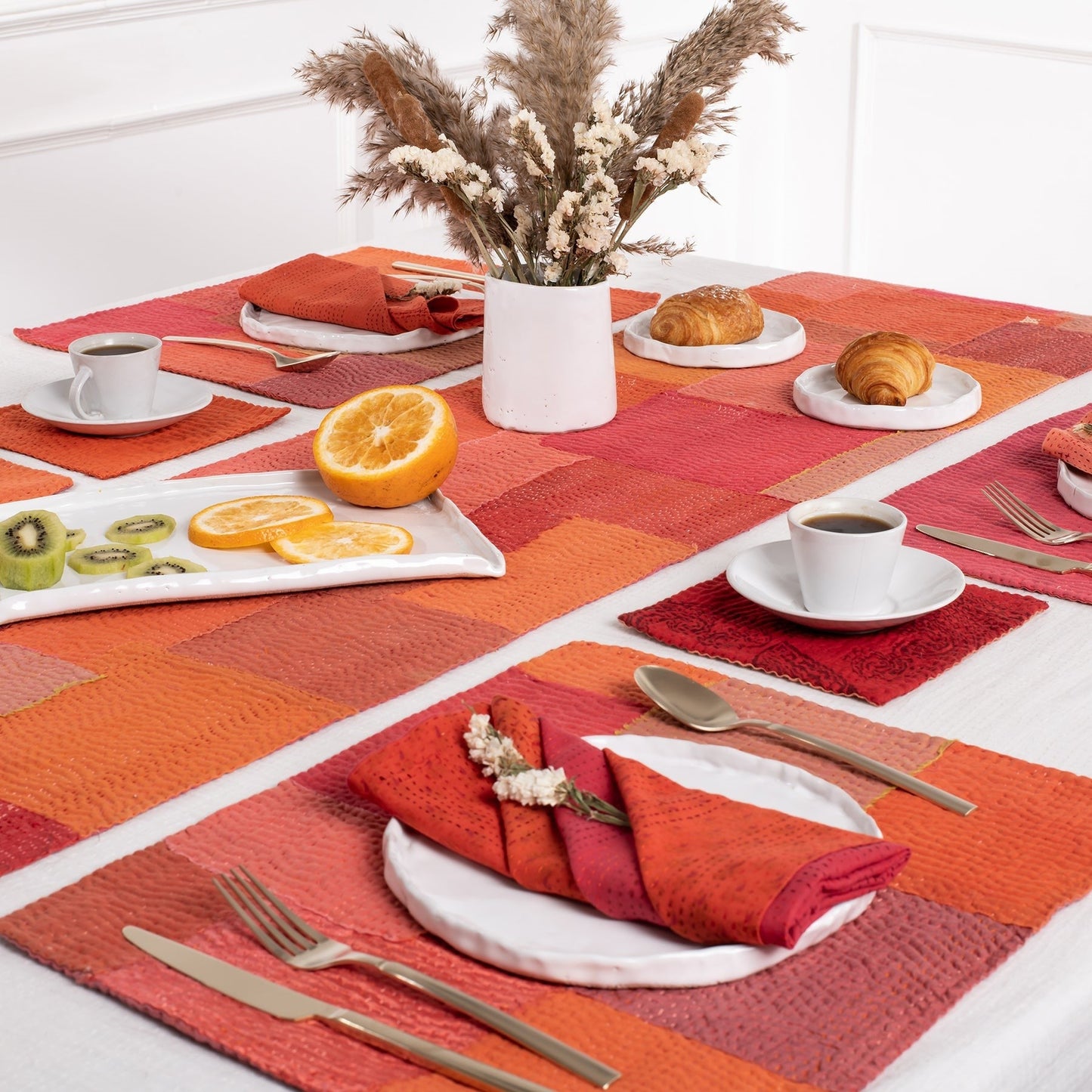Mosaic Fray Patch Vintage Kantha Runner - Carrot