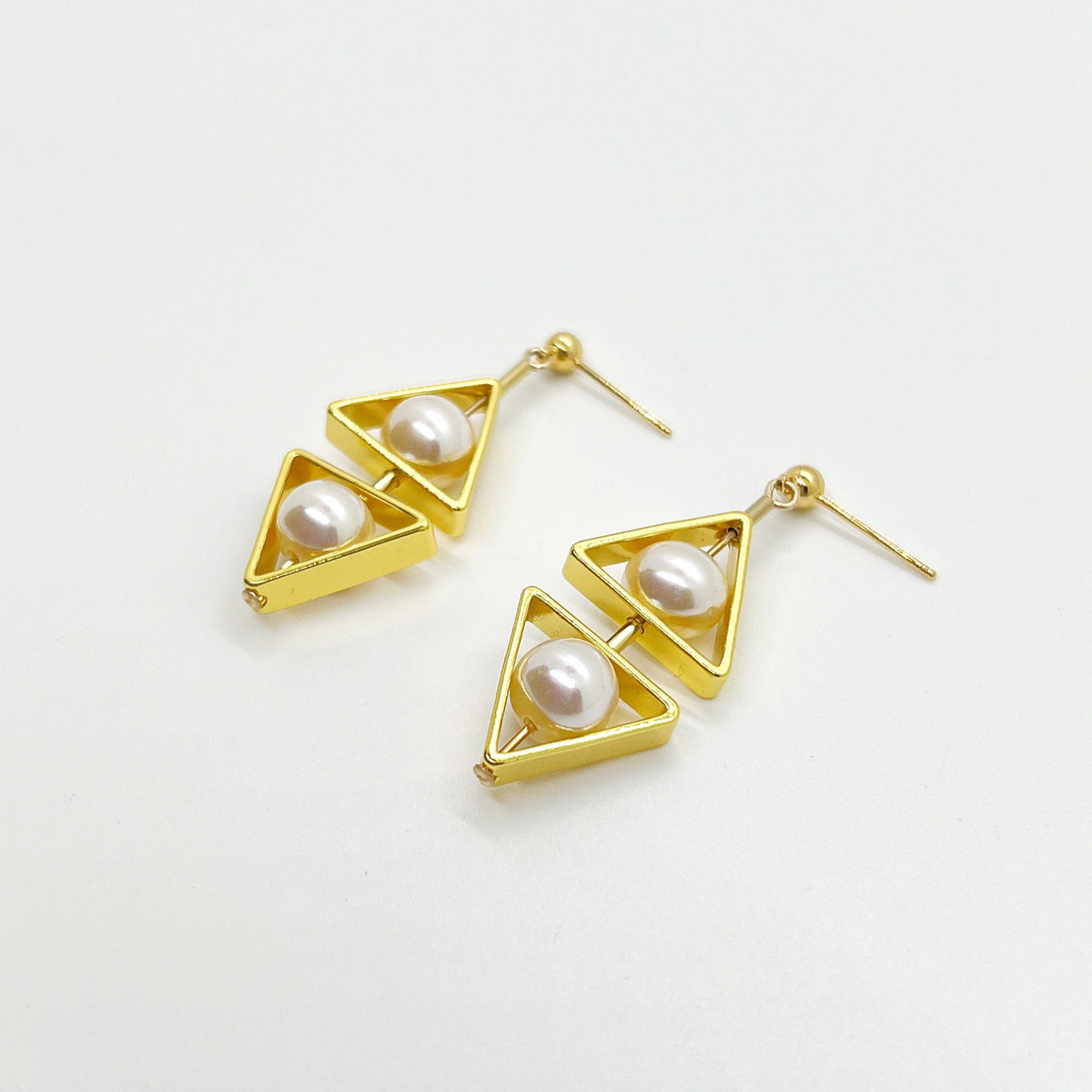 18K Gold-plated Silver Double Triangle Pearl Earrings