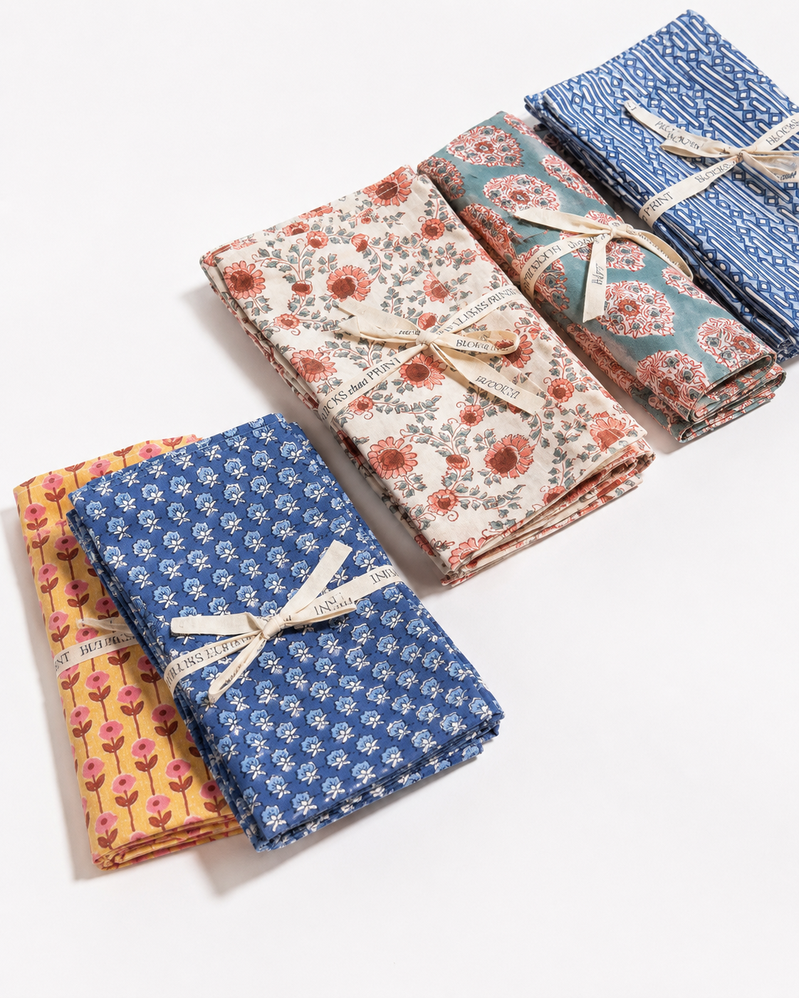 Parijat Blue Floral Large Buti Block Print Napkins (Set of 4)