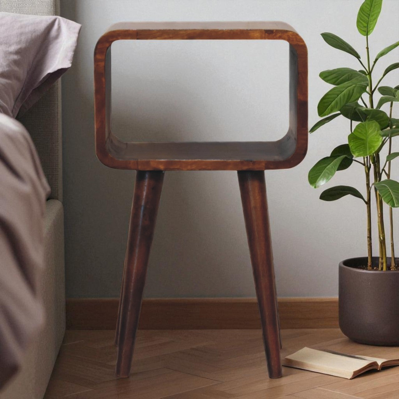 Solid Wood Mini Chestnut Curved Open Bedside Table