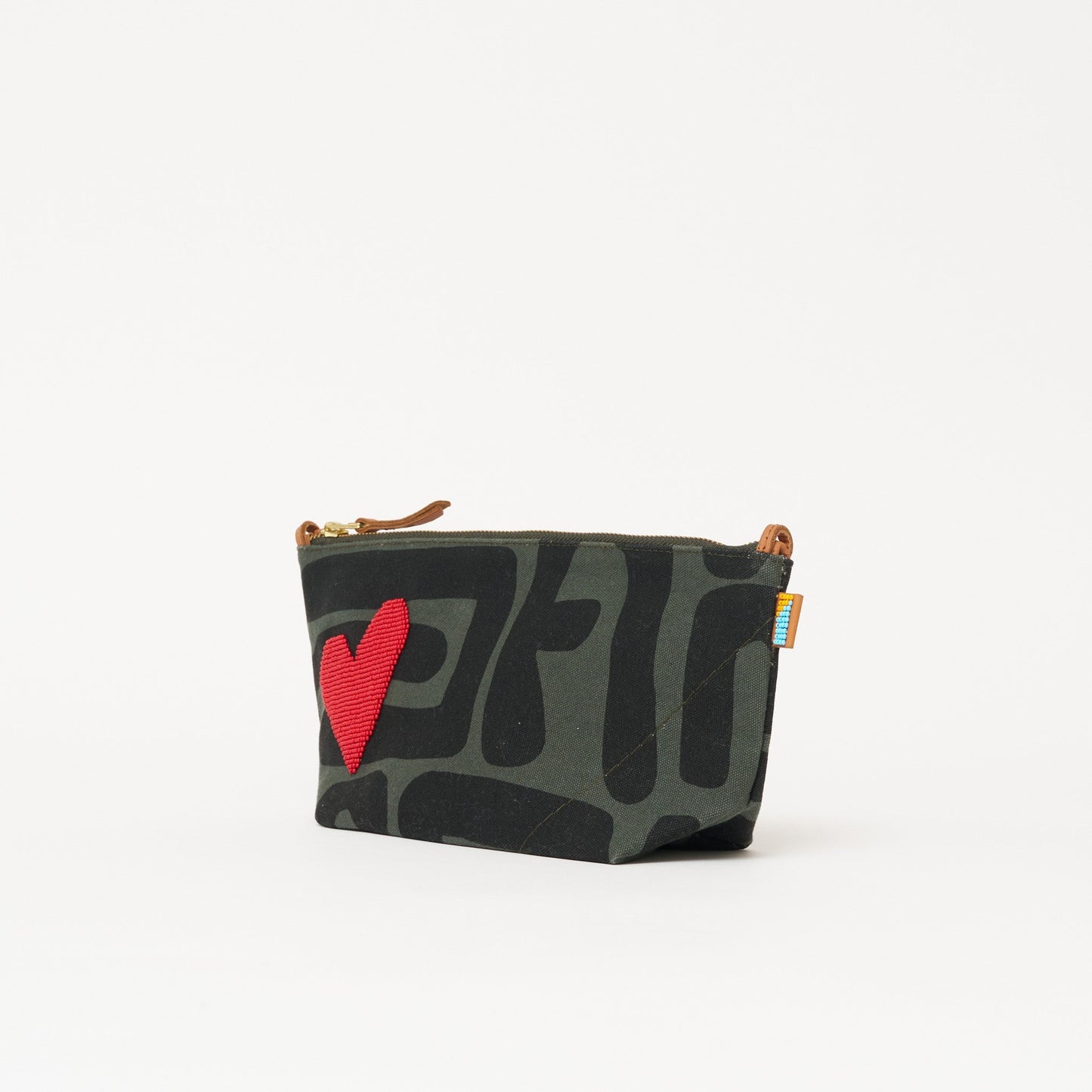 Large Convertible Pouch - Safari Kuba with Beaded Red Heart with Medium Leather Strap