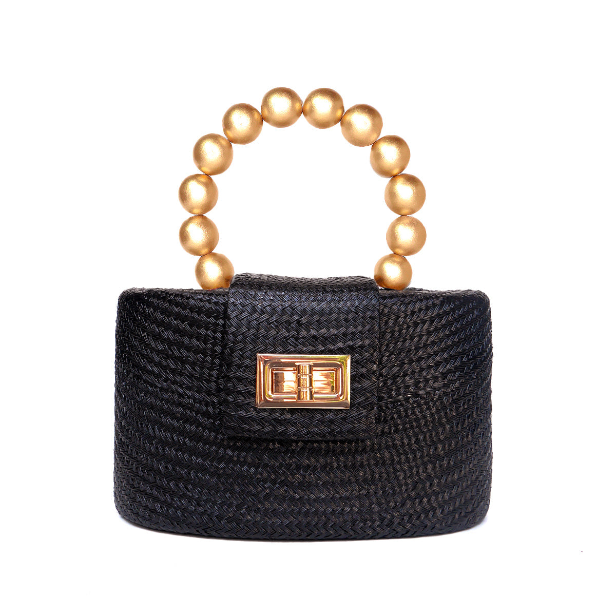 THE OLIVIA — Black & Gold Woven Straw Top-Handle Bag with Beaded Handle