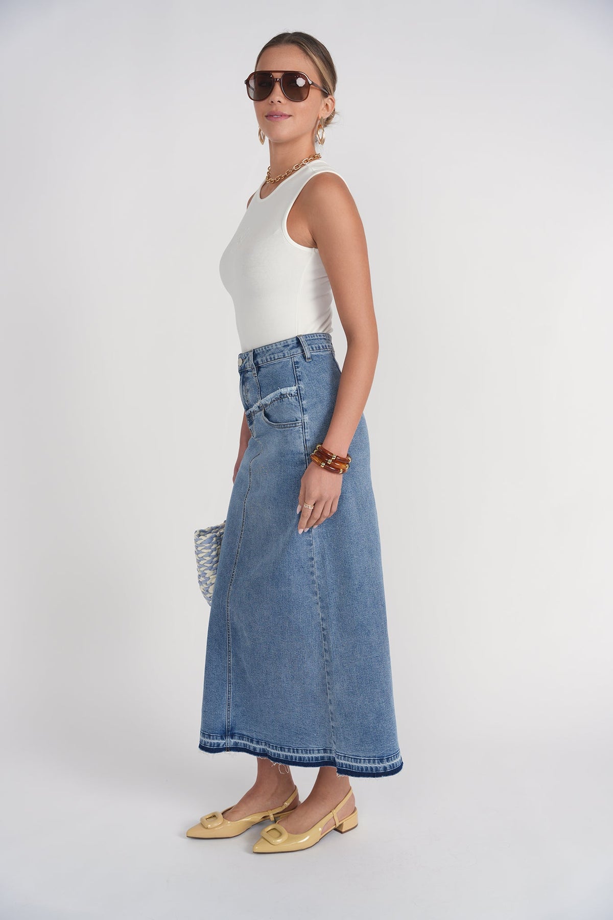 Fray Detail Denim Skirt- Light Wash Blue Denim