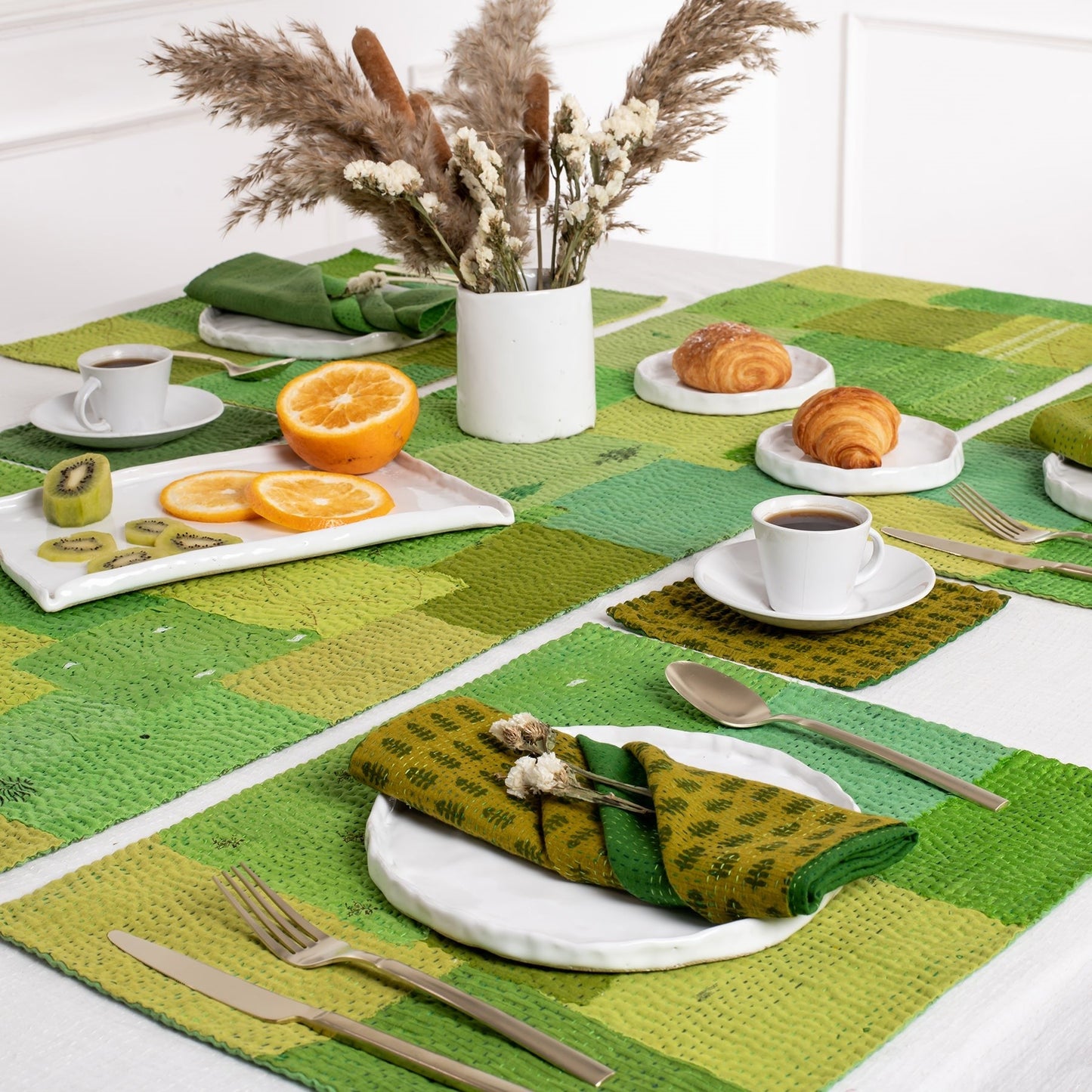 Mosaic Fray Patch Kantha Coaster Set  - Lime Green