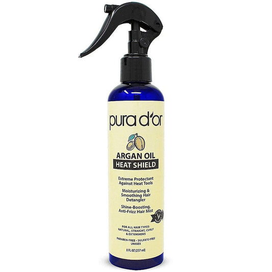 Pura D'or 8 Oz Argan Oil Heat Shield Protectant Spray With Select Organic Ingredients, Protects Up To 450 F From Flat Iron & Hot Blow Dry, Leave-In, Define & Shine Dry & Damaged Hair