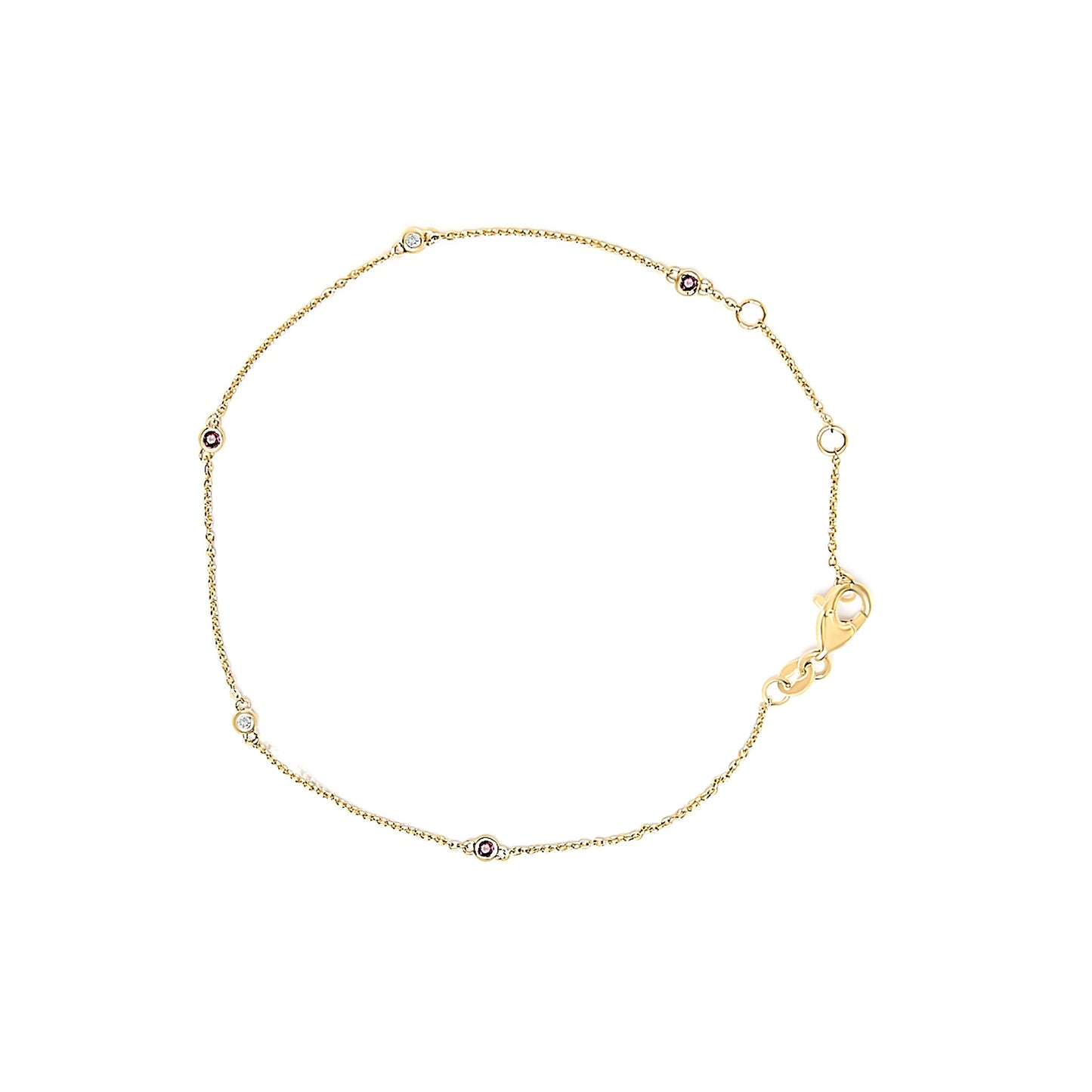 14K Yellow Gold Alternating Red Ruby and White Diamond Bezel Station Chain Bracelet (I-J Color, SI2-I1 Clarity) - 7.5" Inches
