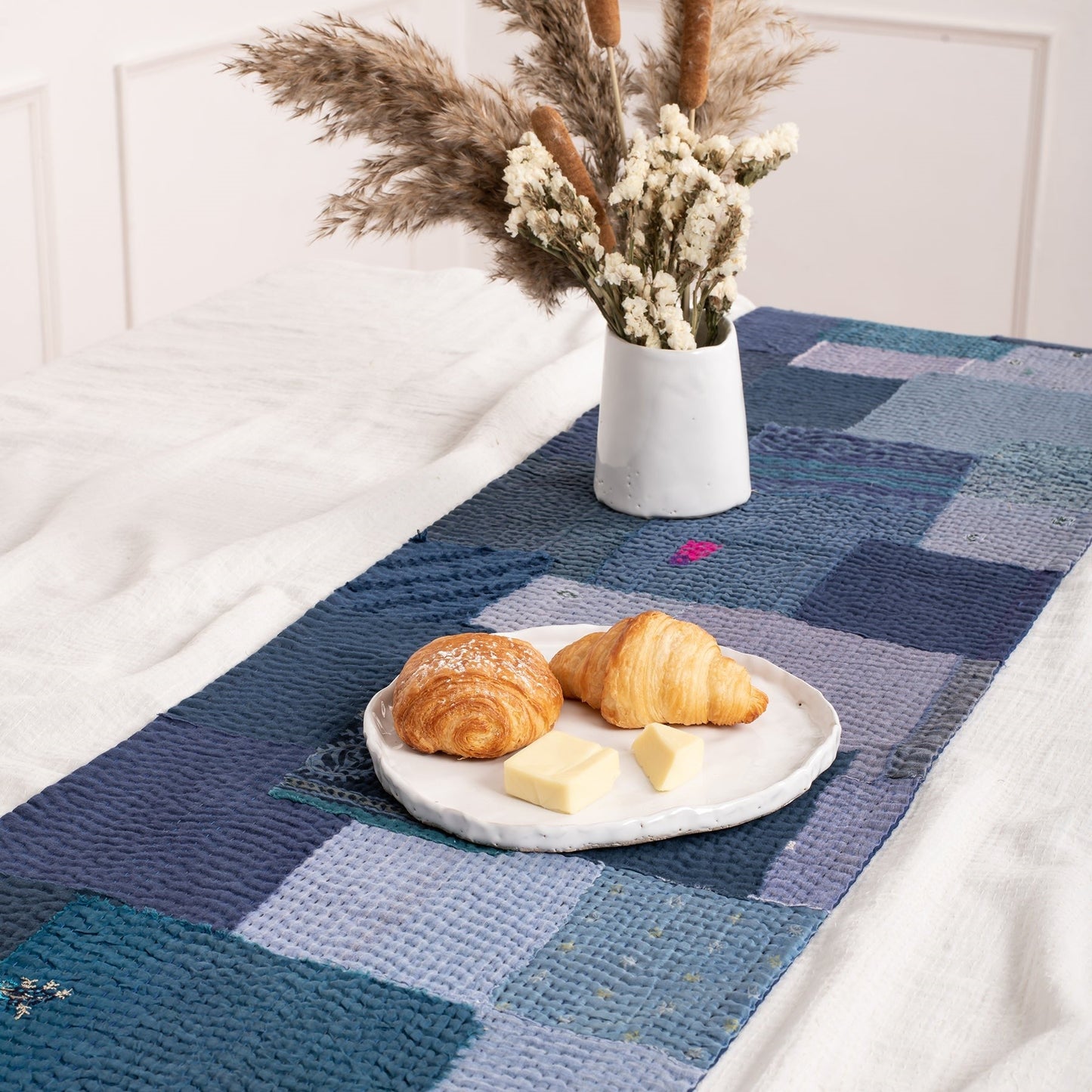 Landscape Fray Patch Vintage Kantha Runner - Navy