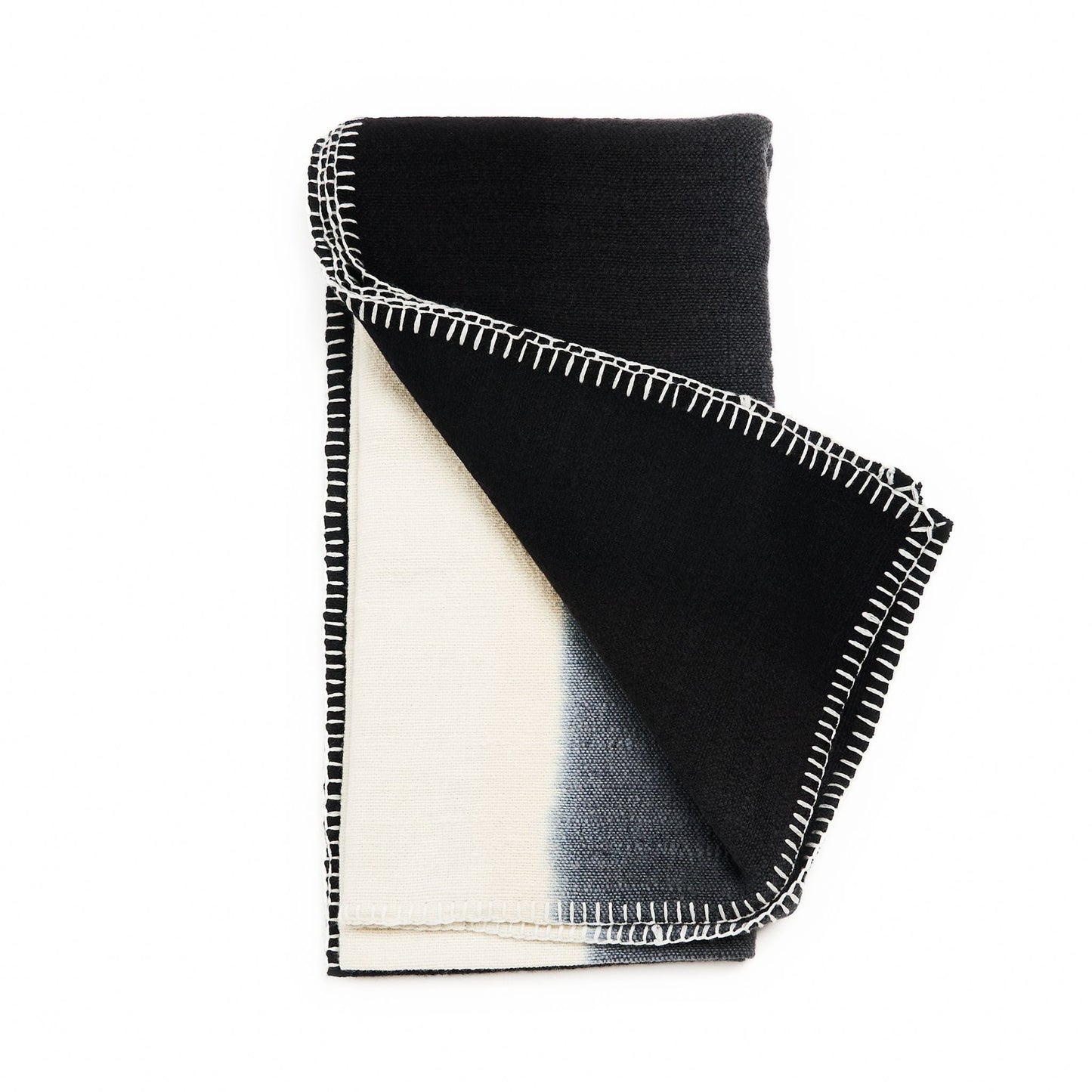 Ink Black White Ombre Textured Throw  In Hand Spun Merino And Hand Stitched Hem