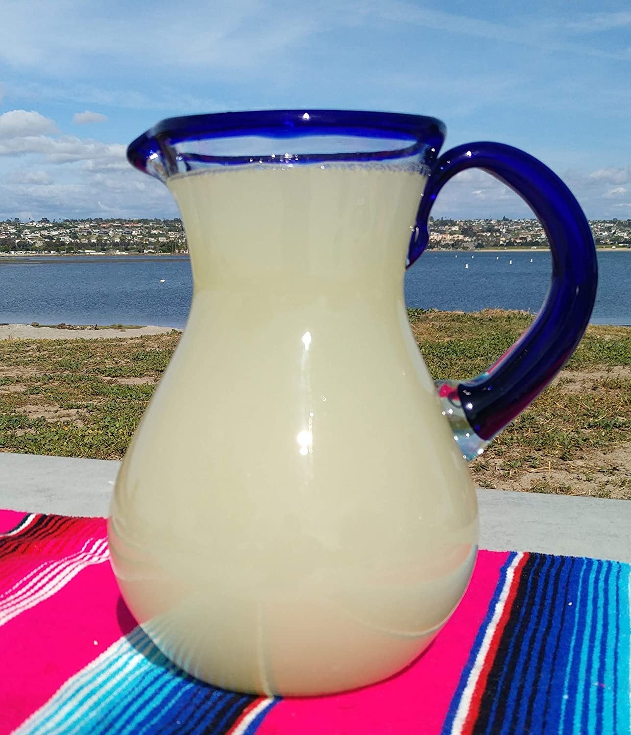 Cobalt Blue Rim & Handle Glass Pitcher