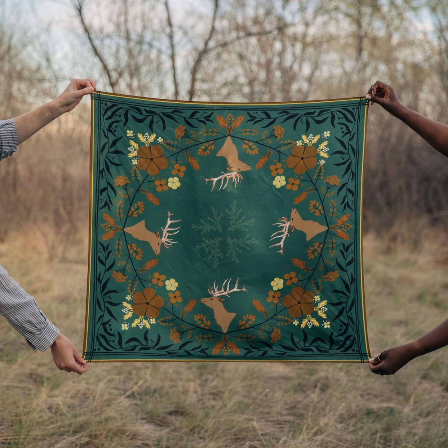 100% Silk Scarf: Haven - Golden Wildflowers & Elk