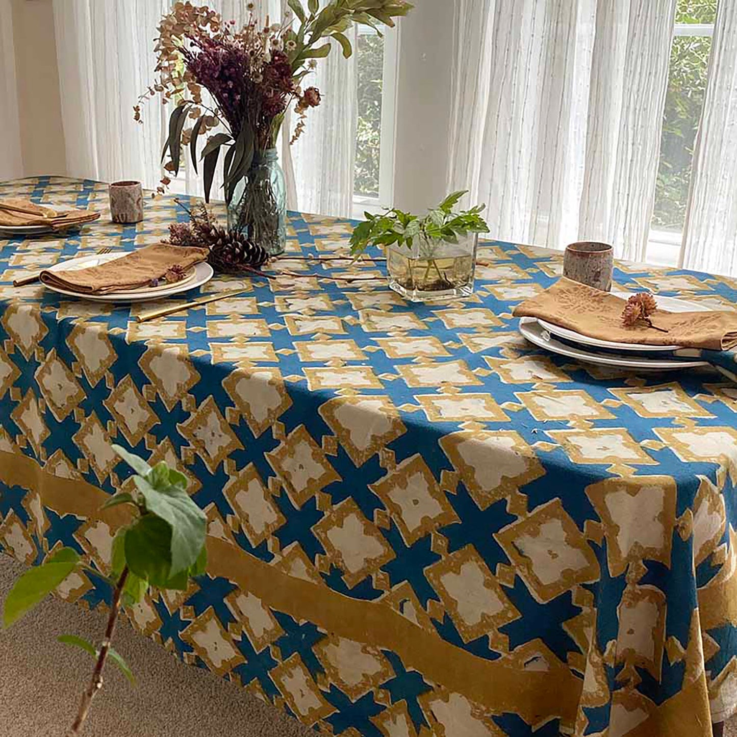 Boho Organic Cotton Tablecloth - Hopi Blue