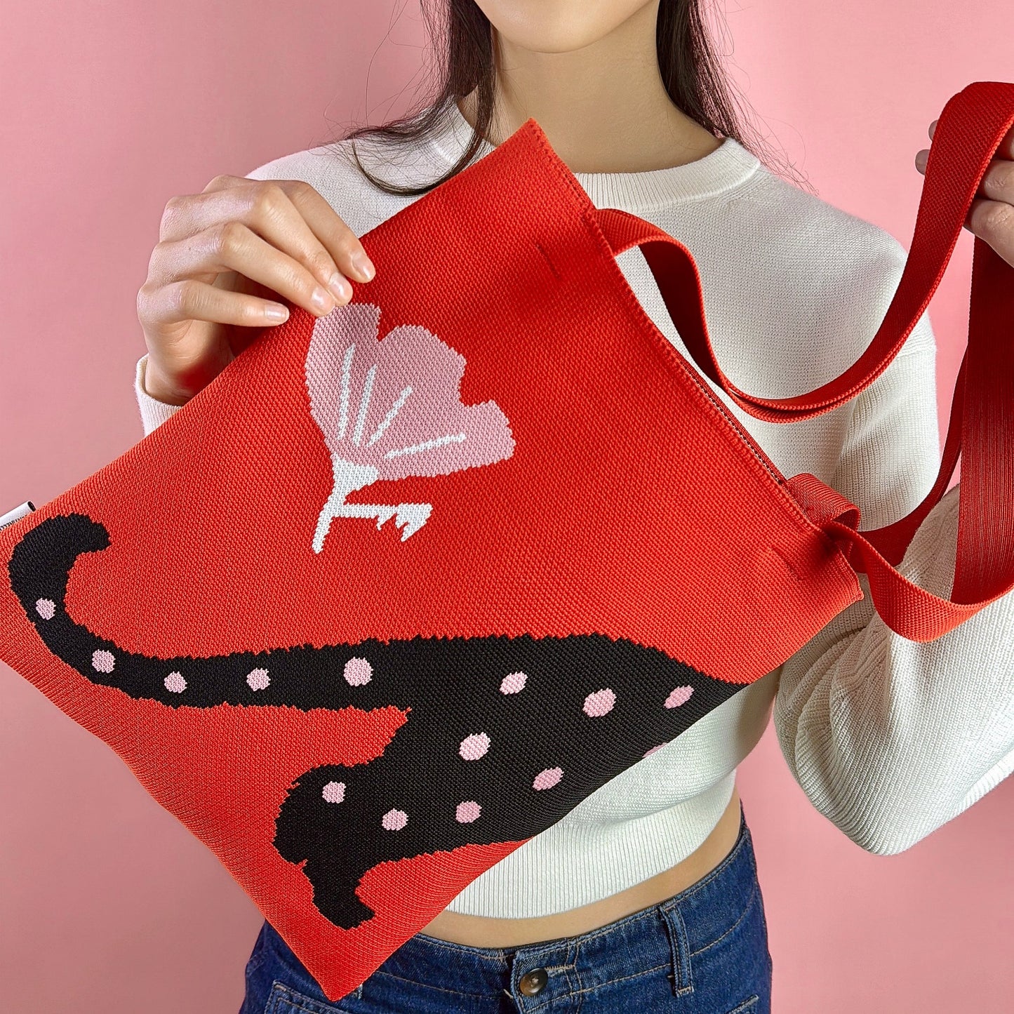 Polka Cat Knit Tote Bag