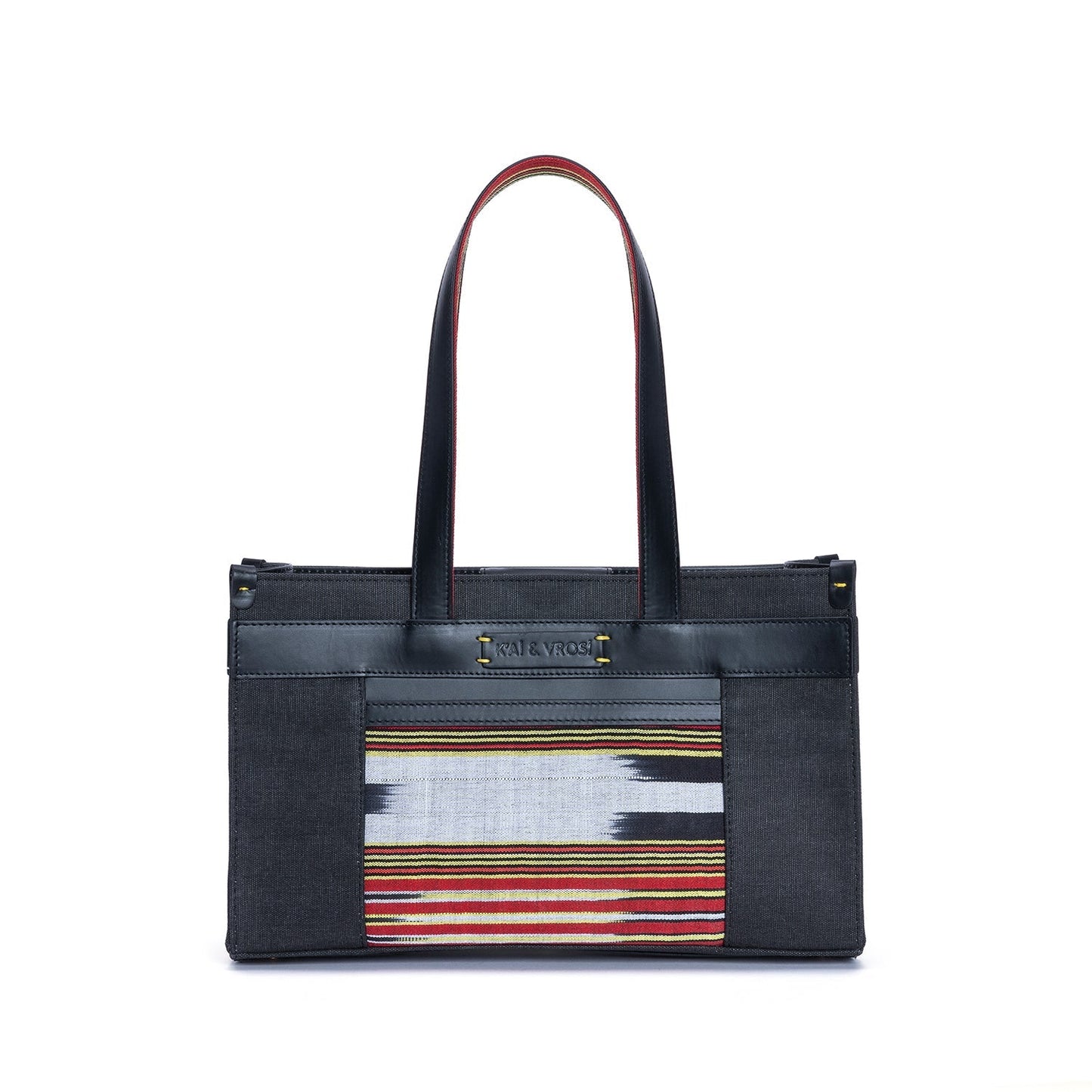 Midi Black Leather & Canvas Tote Bag with Pockets