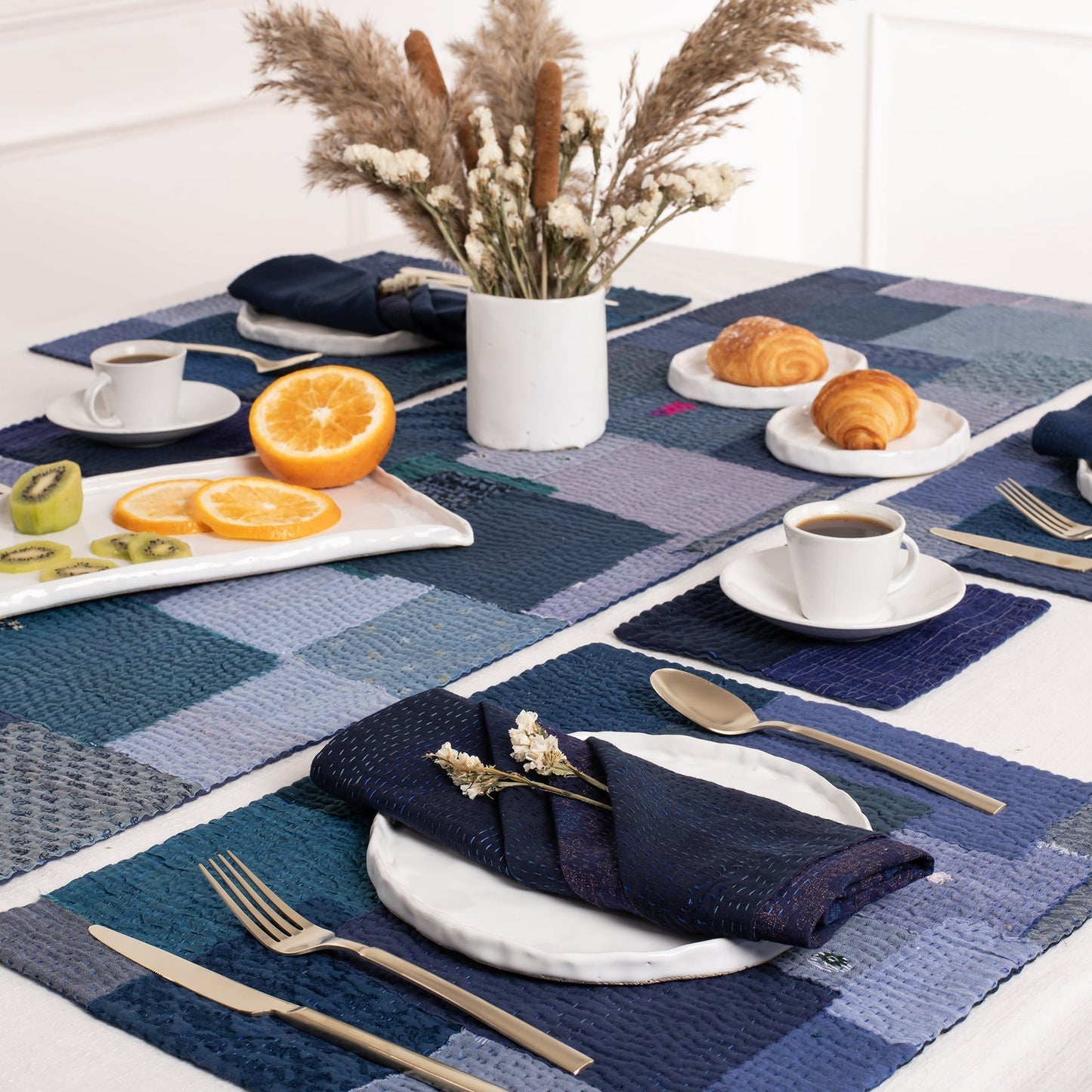 S/2 Landscape Fray Patch Vintage Kantha Placemat - Navy