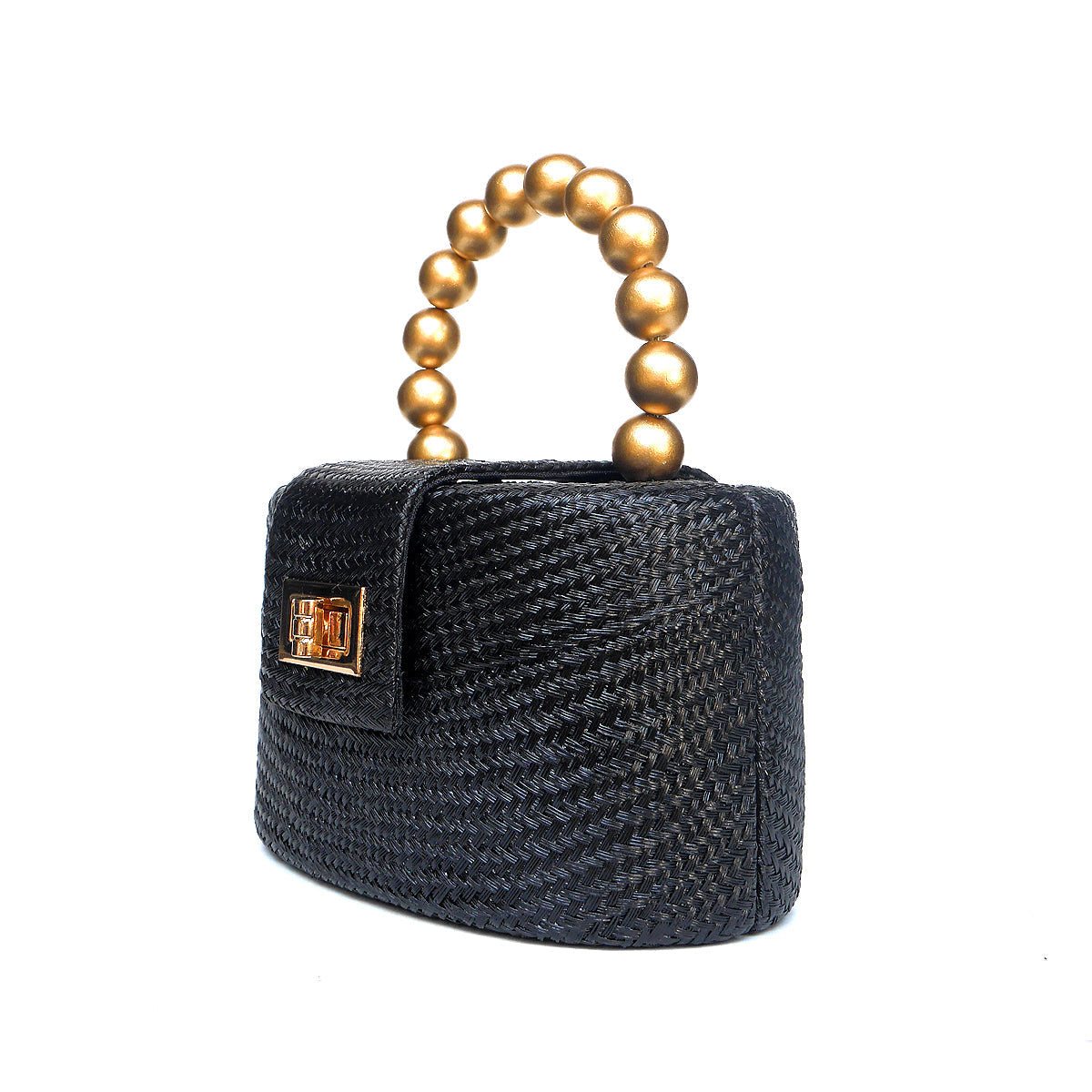 THE OLIVIA — Black & Gold Woven Straw Top-Handle Bag with Beaded Handle