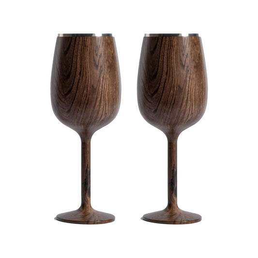 Stainless Steel Stemmed Wine Glass - Set of 2, Dark Walnut
