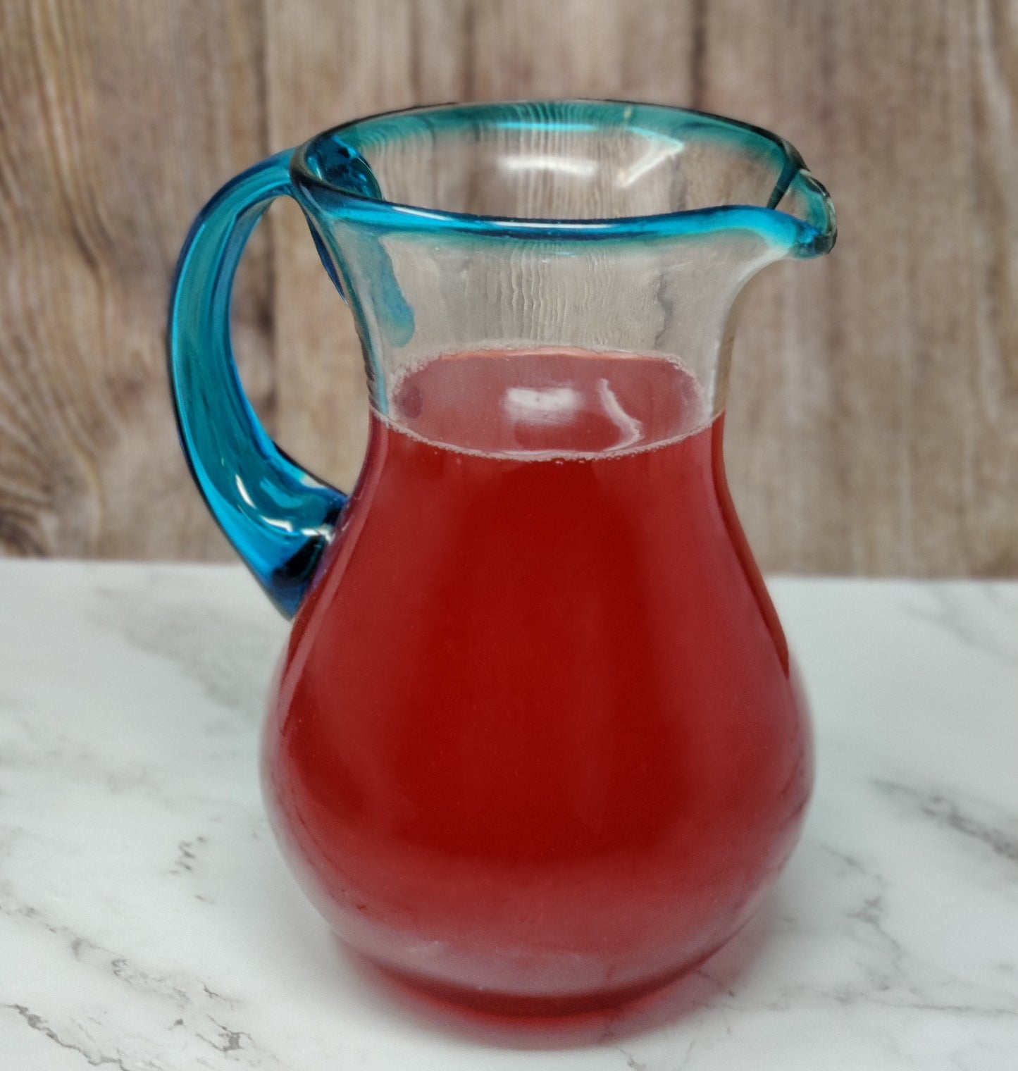 Hand Blown Glass Pitcher – Aqua Rim and Handle