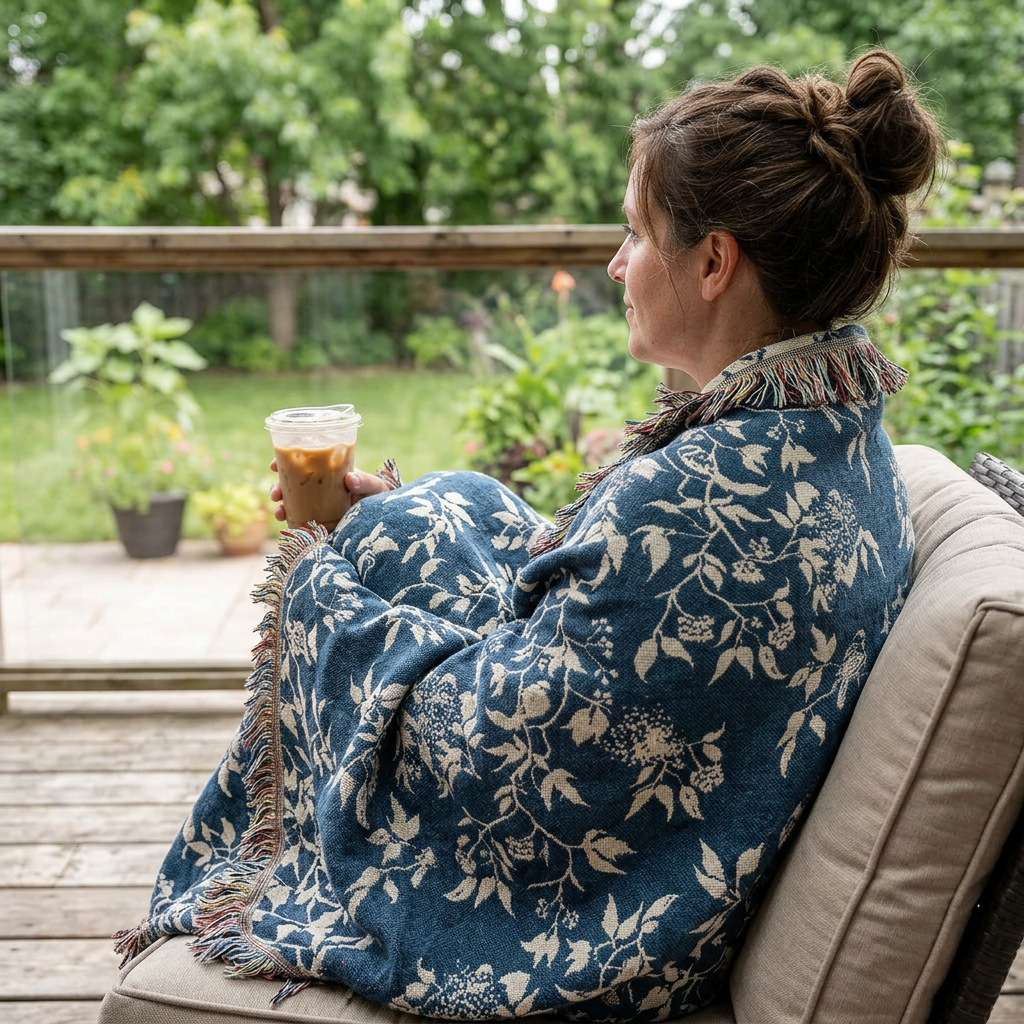 Teal Bird and Botanical Jacquard Woven Throw