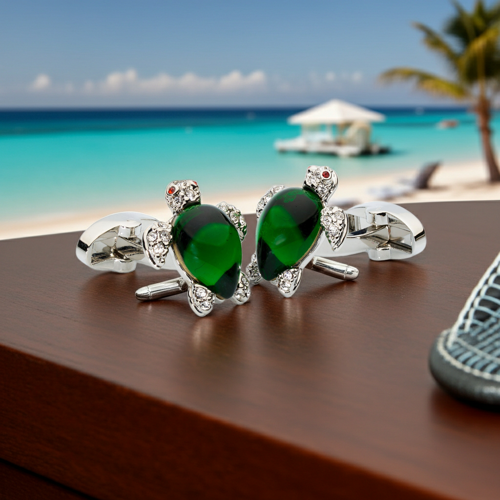 Crystal Turtle Cufflinks – Enamel & Faceted Crystal Accents