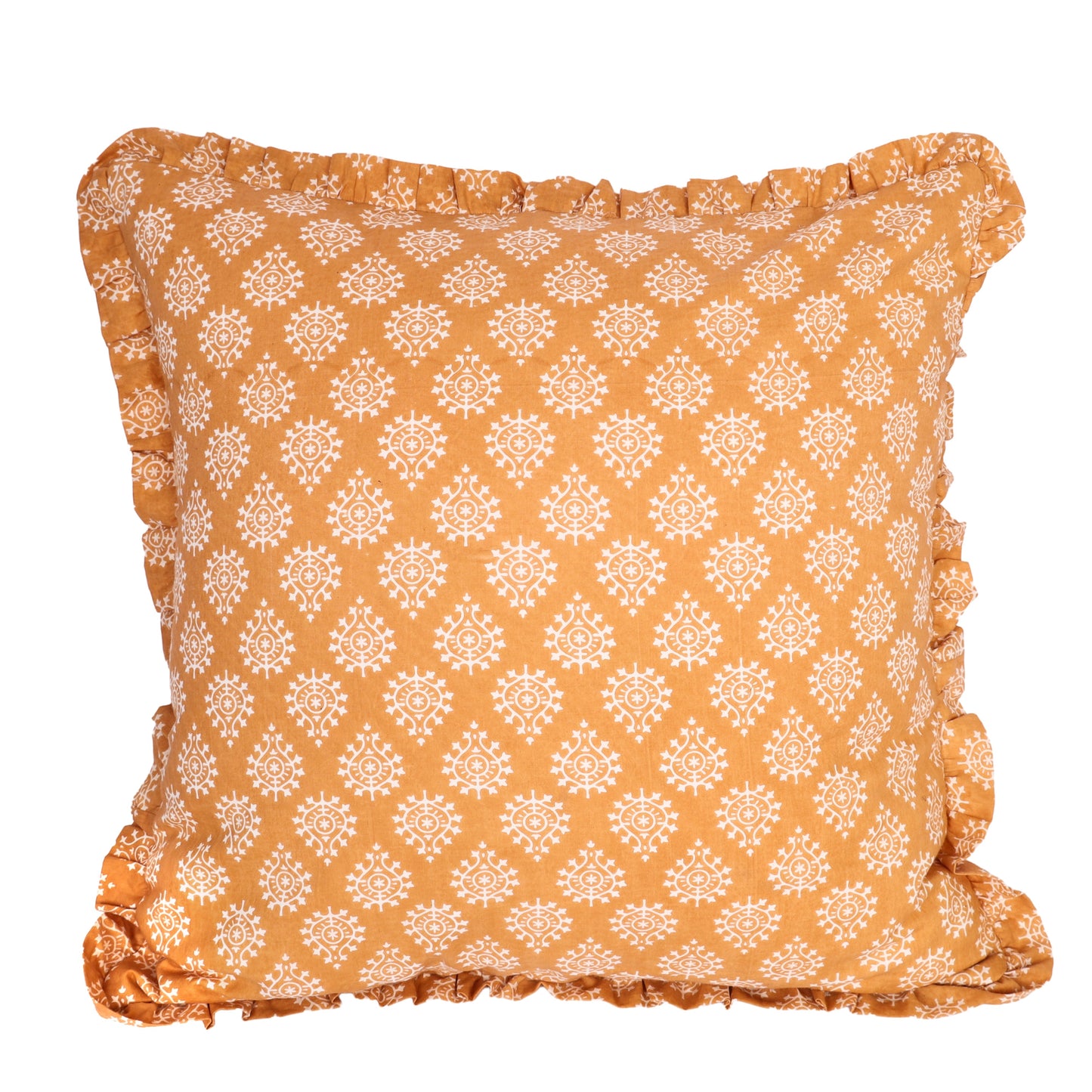 Block-Printed Pillow Cover | 20x20 Ruffled Cotton, Hidden Zipper