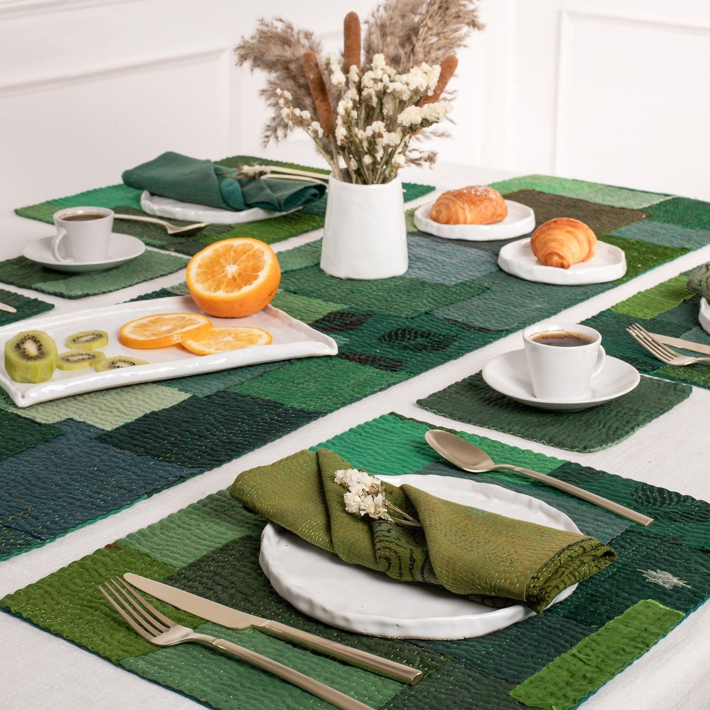 Landscape Fray Patch  vintage Kantha Runner - Green
