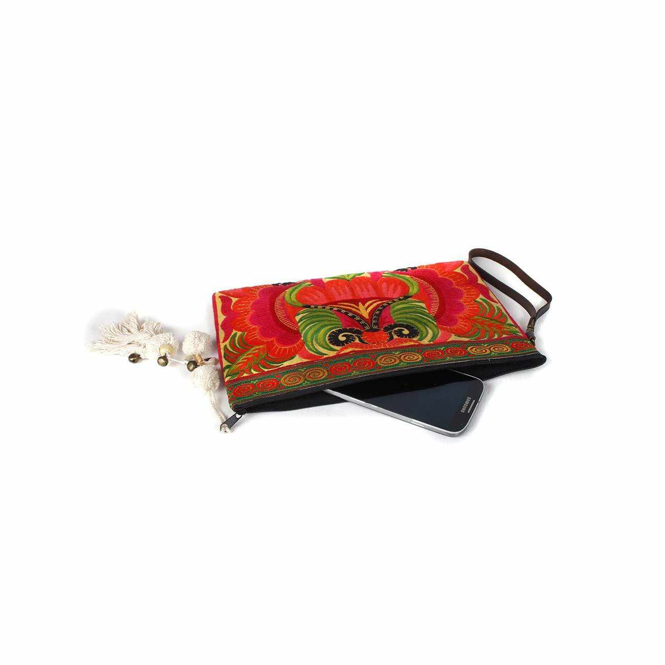Botanica Embroidered Wristlet with PomPoms - Thailand