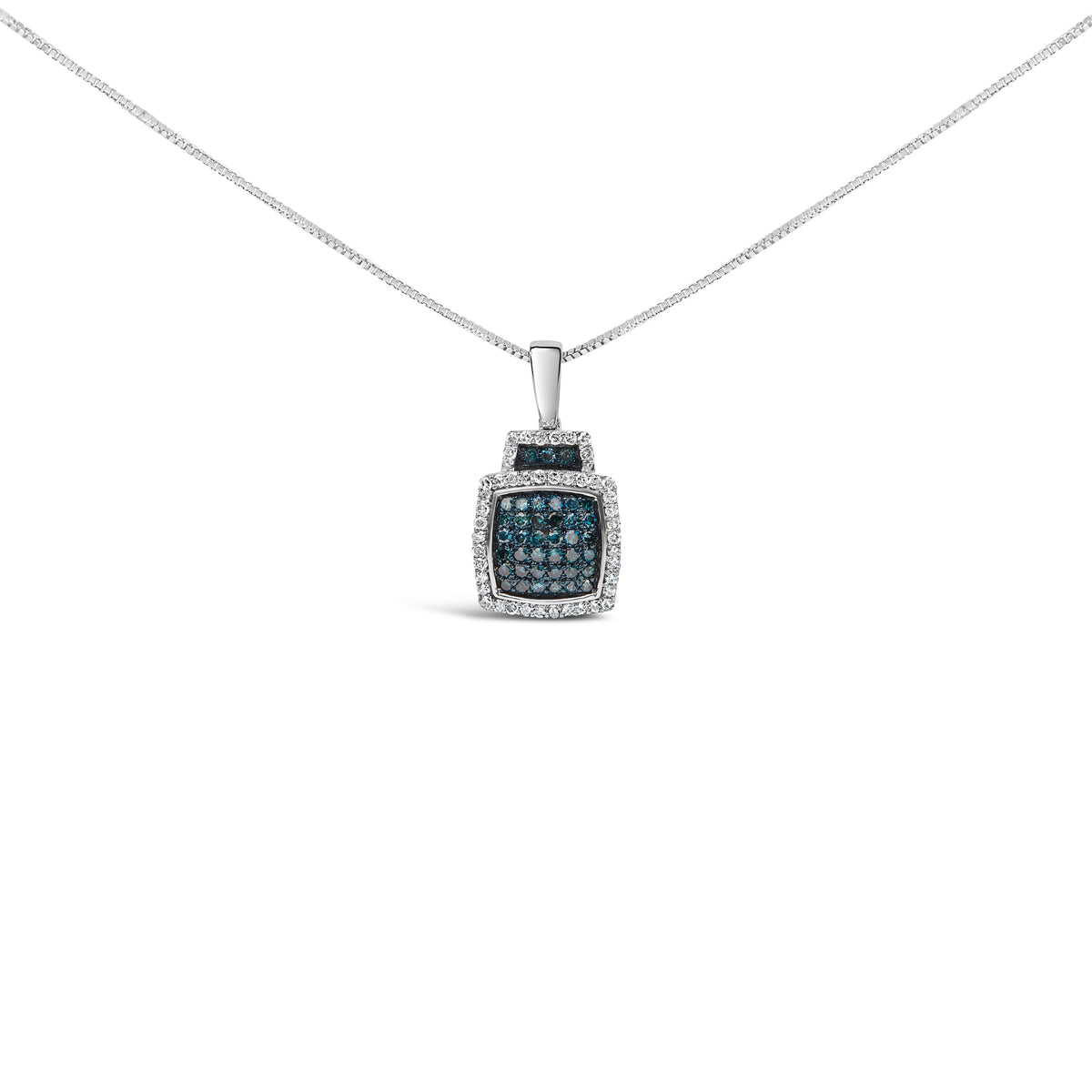 .925 Sterling Silver 1/2 Cttw Blue Diamond with White Diamond Halo Block Pendant Necklace
