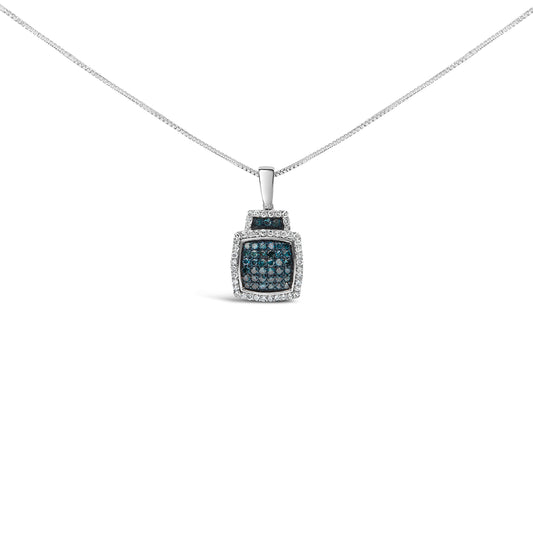 .925 Sterling Silver 1/2 Cttw Blue Diamond with White Diamond Halo Block Pendant Necklace