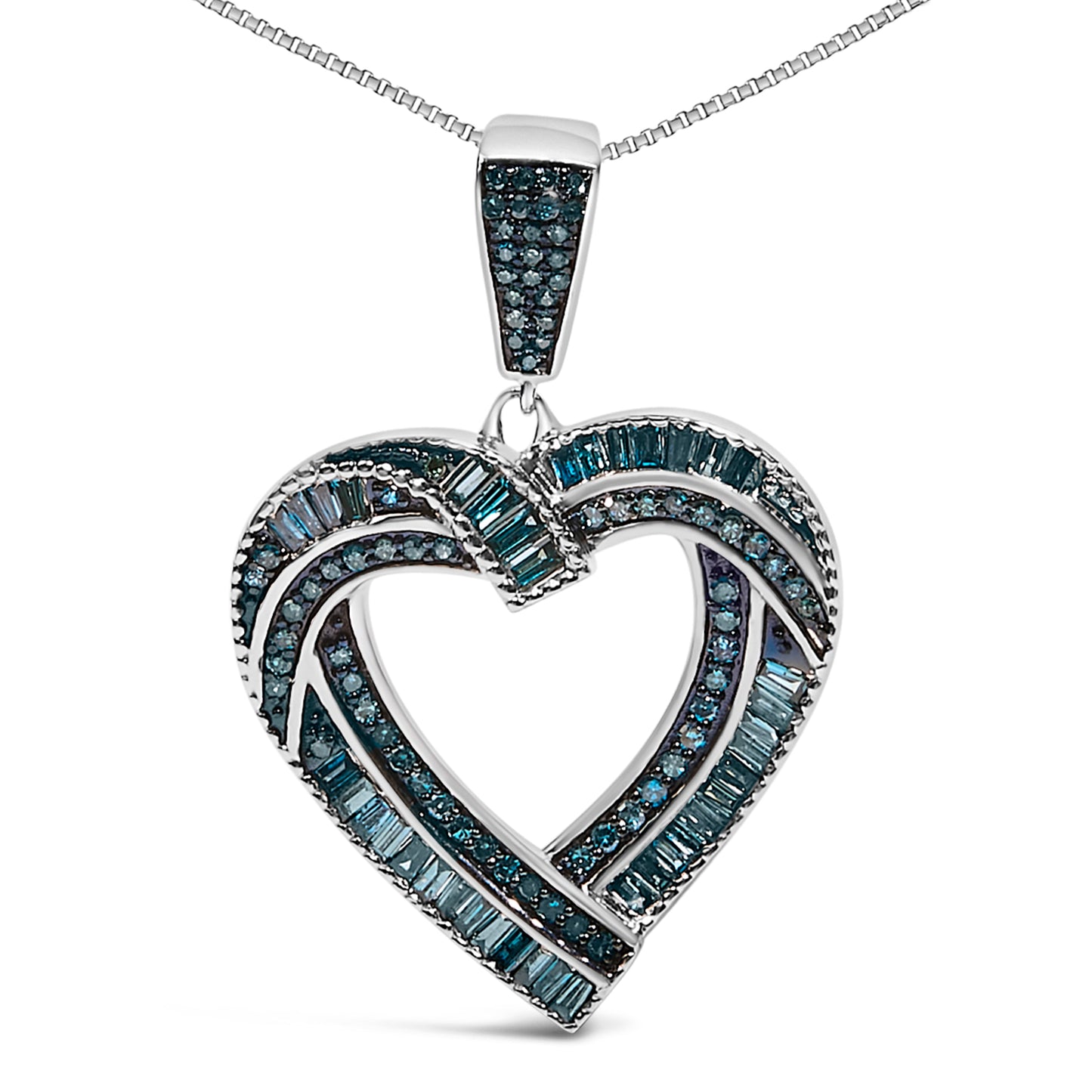 .925 Sterling Silver 1.00 Cttw Baguette and Round Blue Diamond Open Heart Pendant Necklace