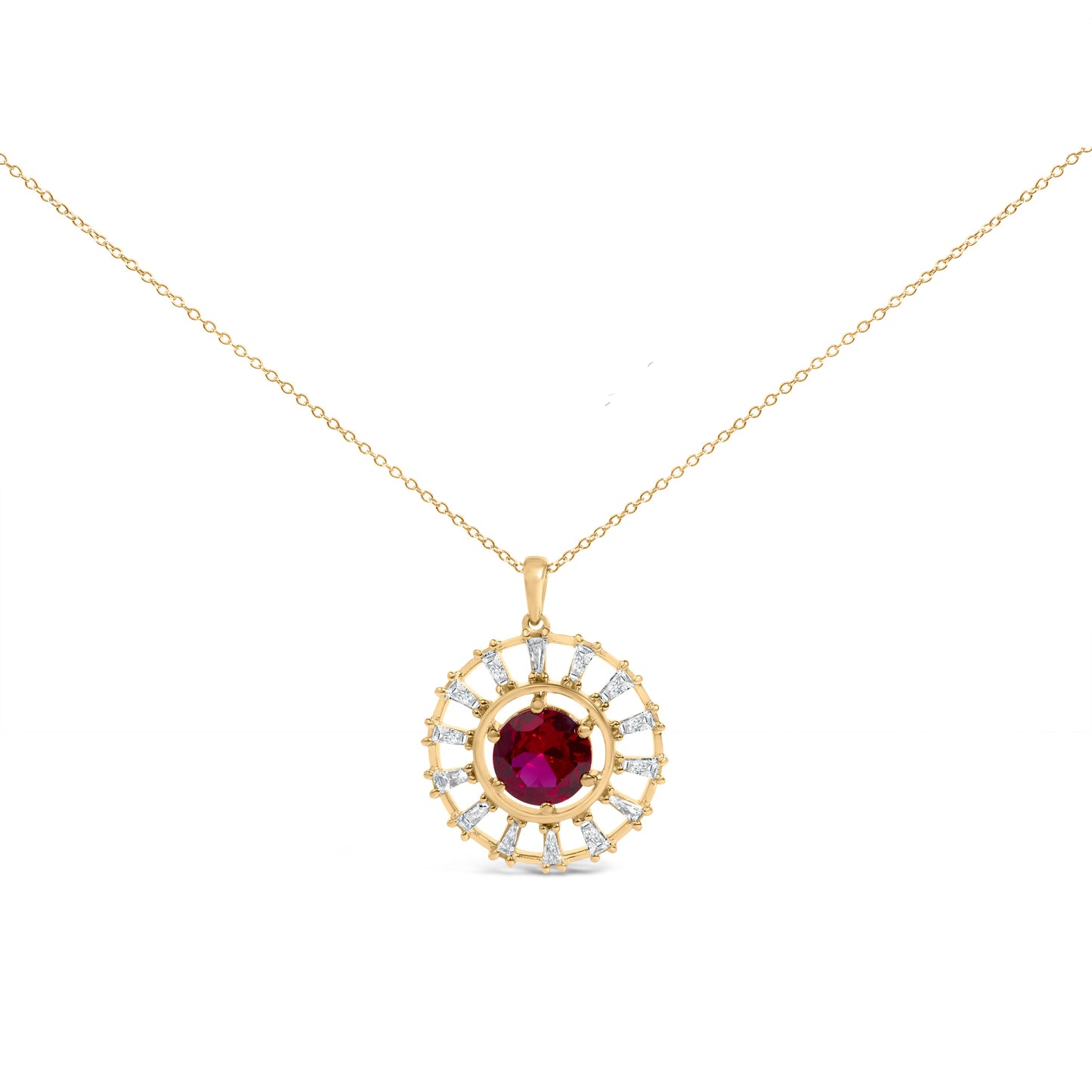 14K Yellow Gold Plated Silver Lab Grown Ruby and 5/8 Cttw Baguette Diamond Medallion Pendant Necklace