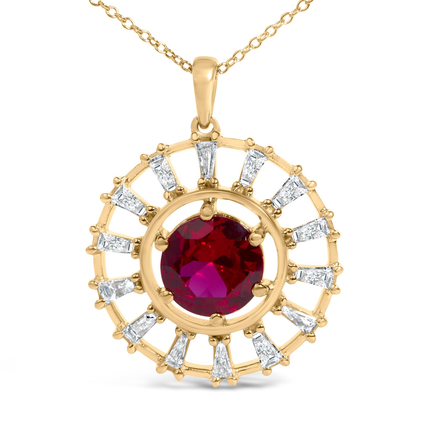14K Yellow Gold Plated Silver Lab Grown Ruby and 5/8 Cttw Baguette Diamond Medallion Pendant Necklace