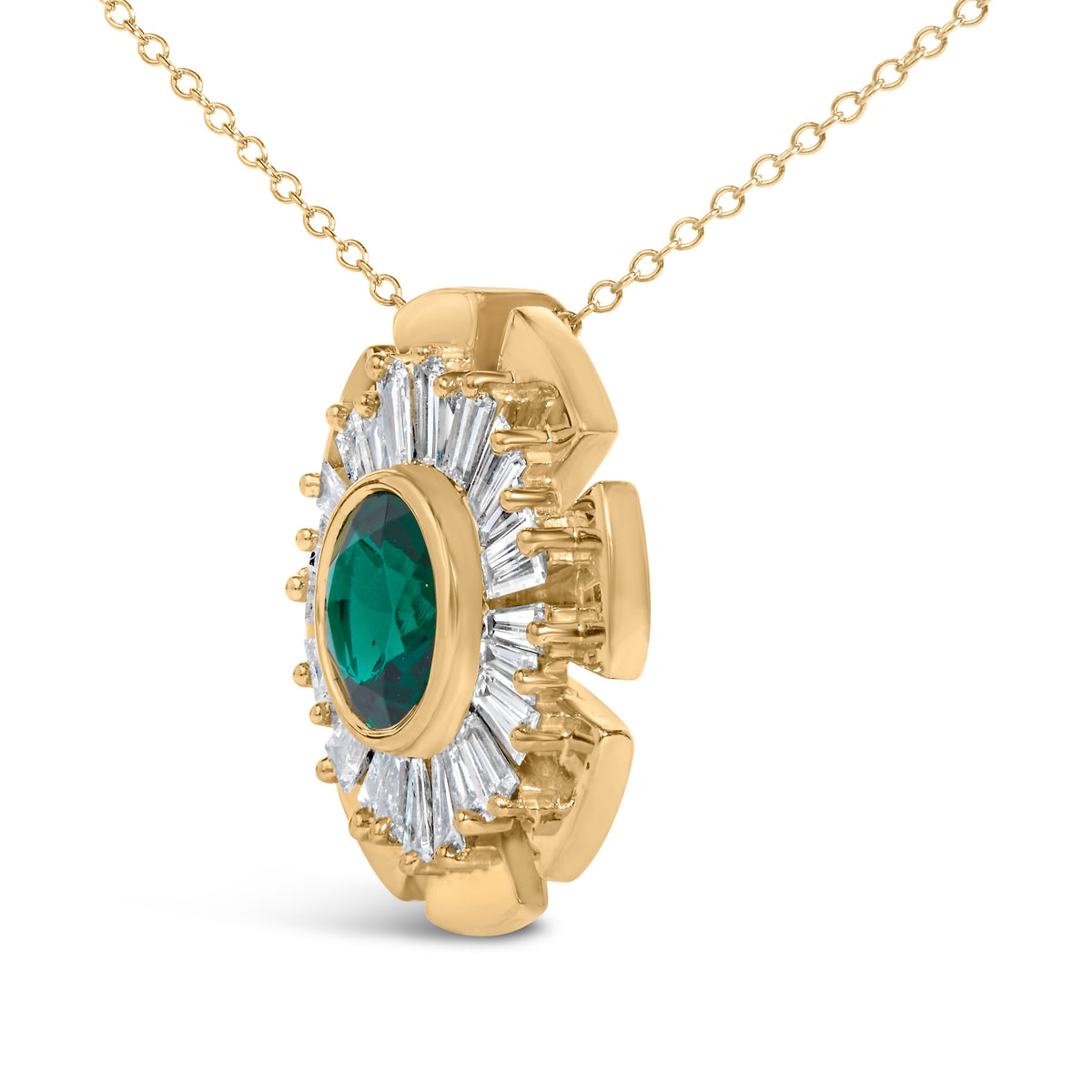14K Yellow Gold Plated .925 Sterling Silver Lab Grown Emerald and Baguette Diamond Medallion Pendant Necklace