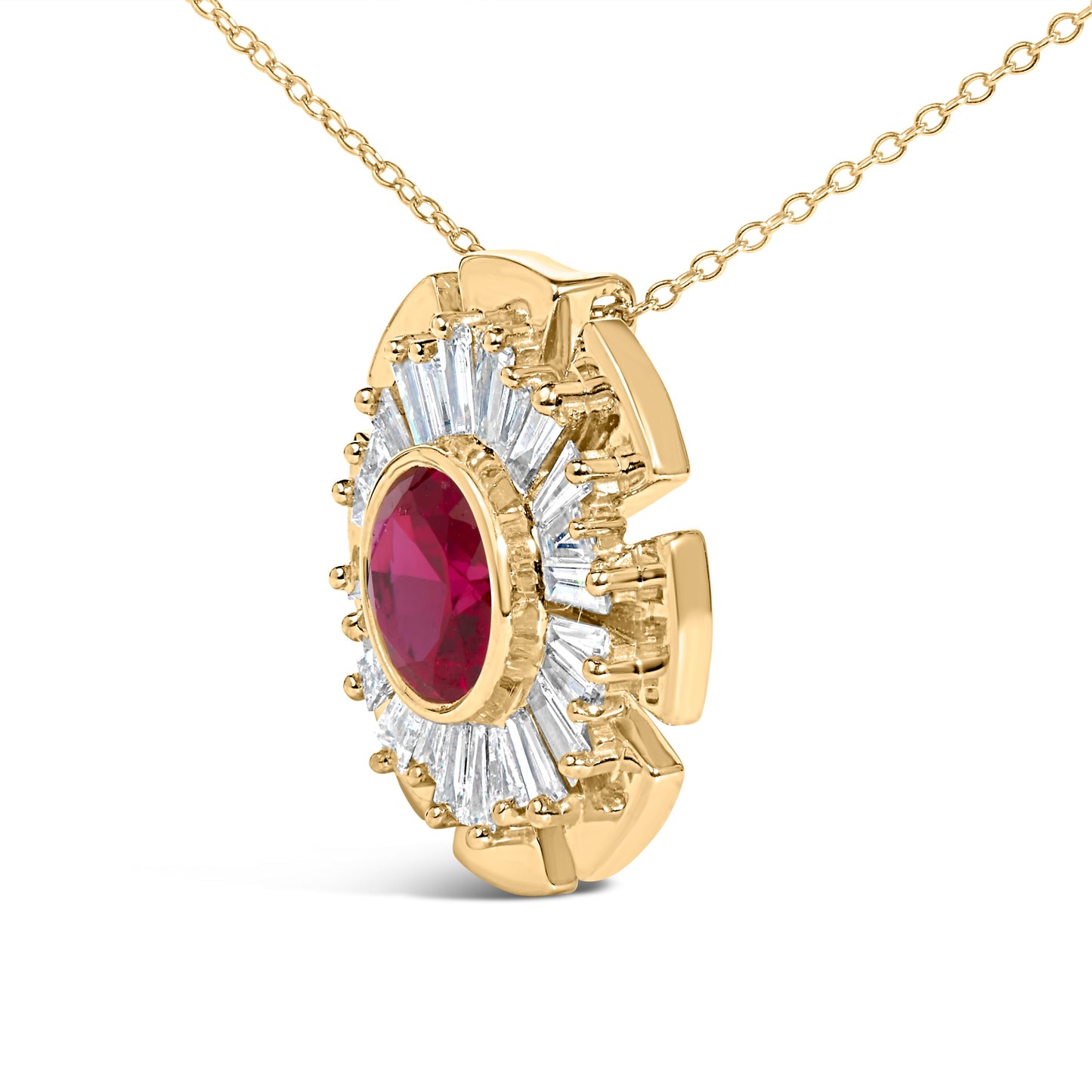 14K Yellow Gold Plated Silver Created Red Ruby and Diamond Baguette Medallion Pendant Necklace
