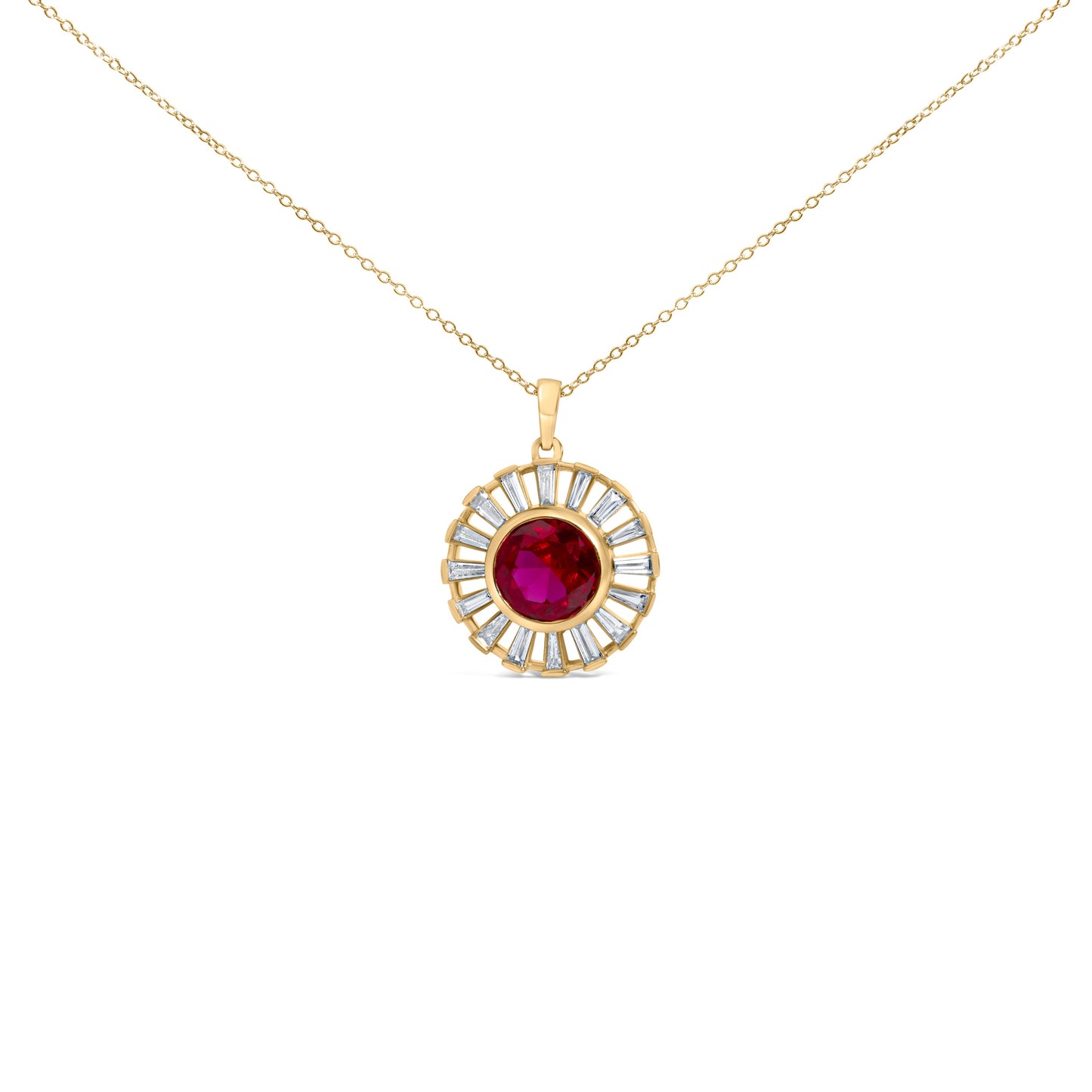 14K Yellow Gold Plated Silver Created Red Ruby and Baguette Diamond Sunburst Medallion Pendant Necklace