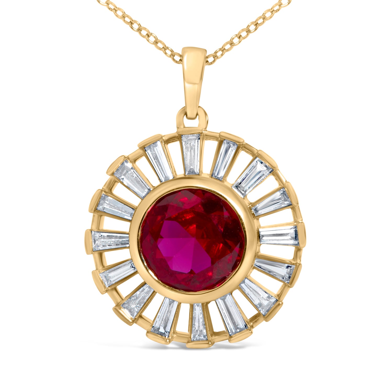 14K Yellow Gold Plated Silver Created Red Ruby and Baguette Diamond Sunburst Medallion Pendant Necklace