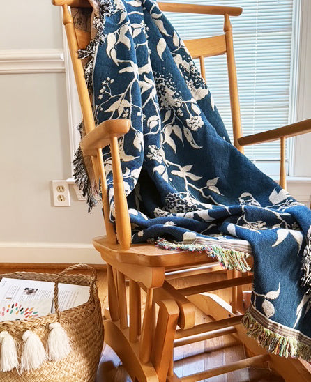 Teal Bird and Botanical Jacquard Woven Throw