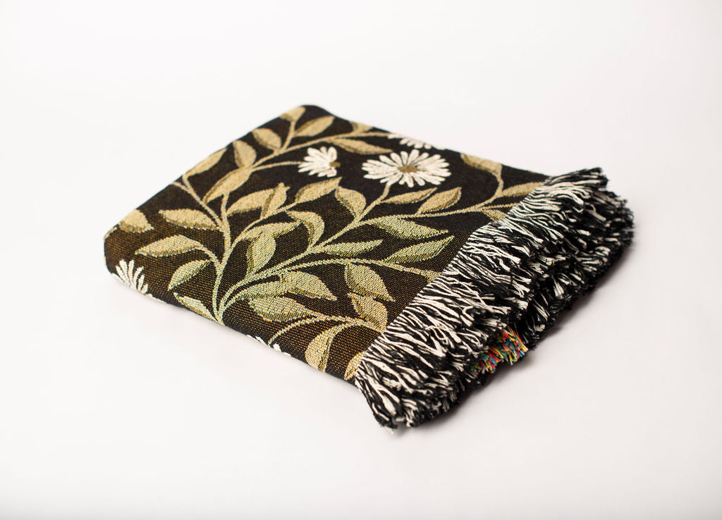 Black and Gold Floral Botanical Jacquard Woven Throw
