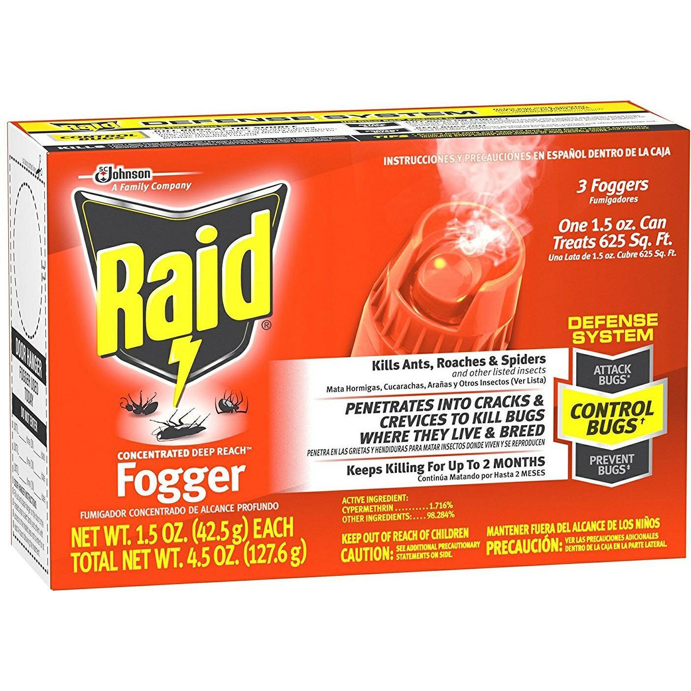 Raid Concentrated Deep Reach Fogger, 1.5 Oz Aerosol Spray, 3/Pack, 12 Packs/Carton
