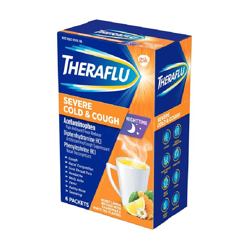 Theraflu Severe Cold & Cough Powder Packets Nighttime Honey Lemon Infused With Chamomile & White Tea Flavors