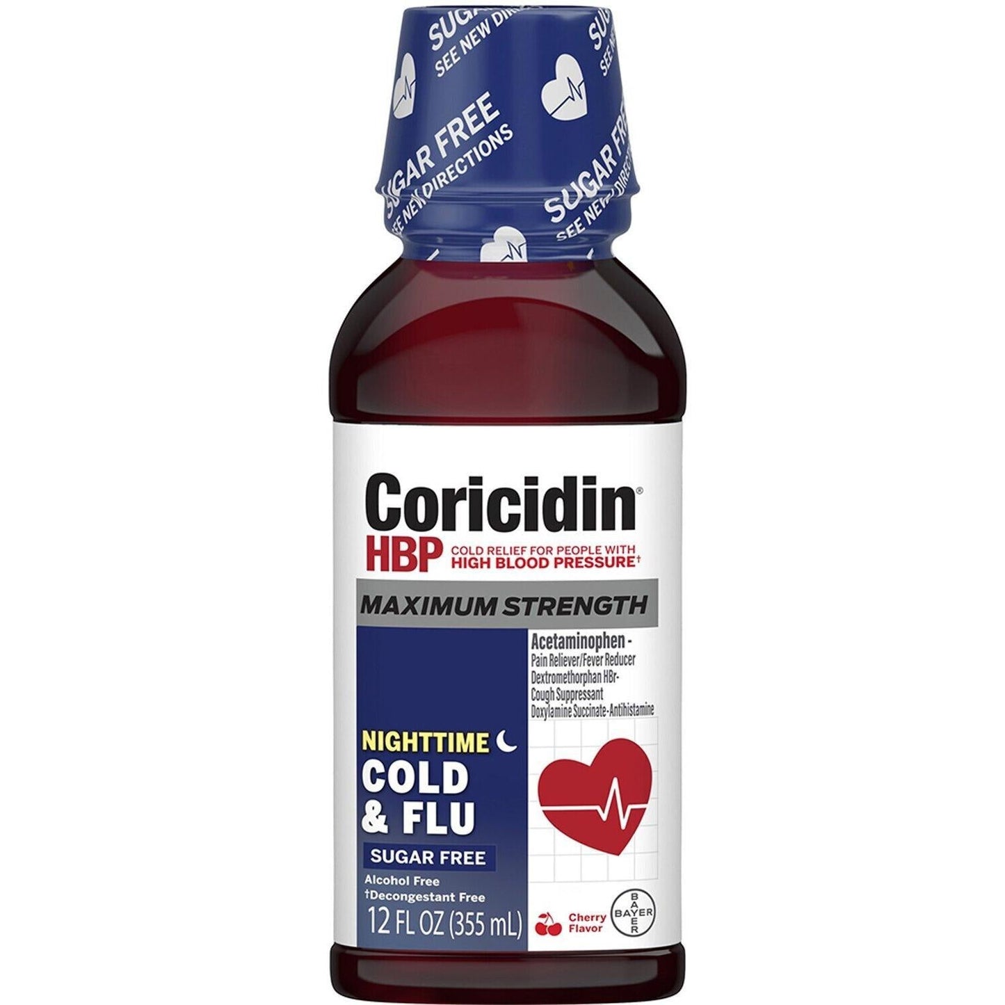 Coricidin HBP Nighttime Maximum Strength Cherry Cold & Flu 12 Fl Oz