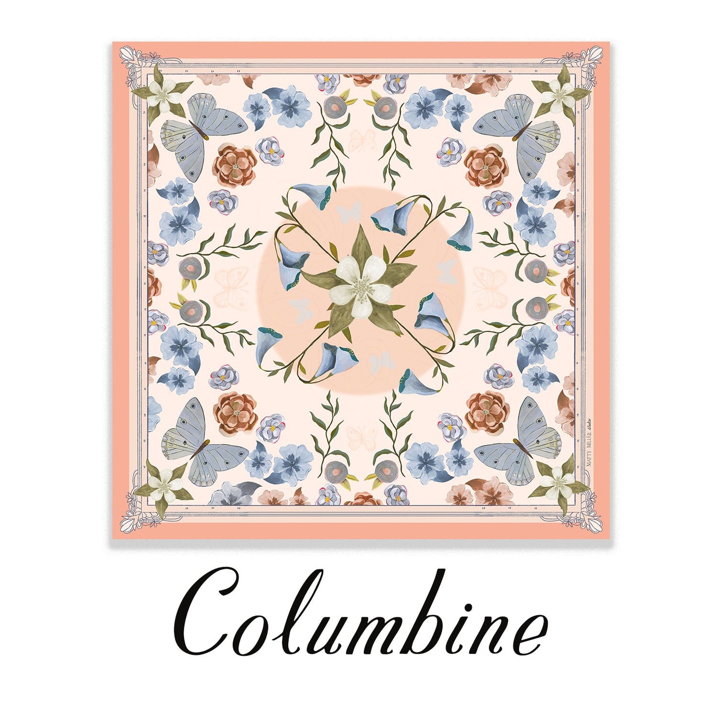 100% Silk Scarf: Columbine - Flowers & Butterflies