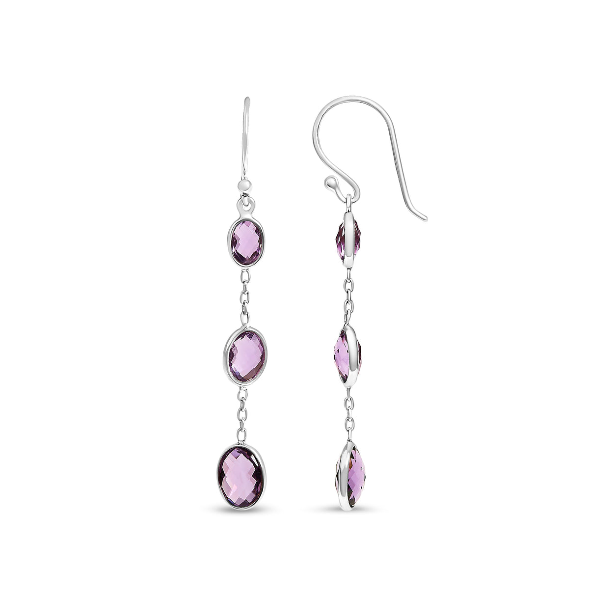 .925 Sterling Silver Checkerboard Cut Oval Purple Amethyst 2" Inch Drop and Dangle Earrings