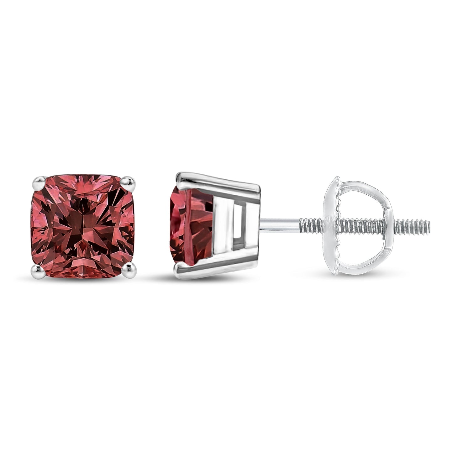 14K White Gold 1 1/2 Cttw Lab Grown Pink Cushion 4-Prong Set Classic Diamond Solitaire Stud Earrings (Pink Color, VS1-VS2 Clarity)