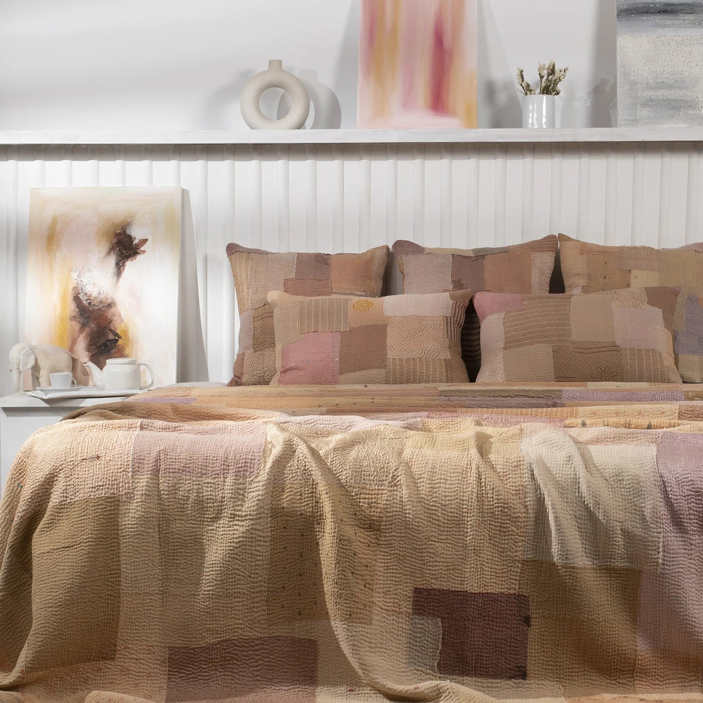 Mosaic Fray  Patch Vintage Kantha Throw - Mushroom