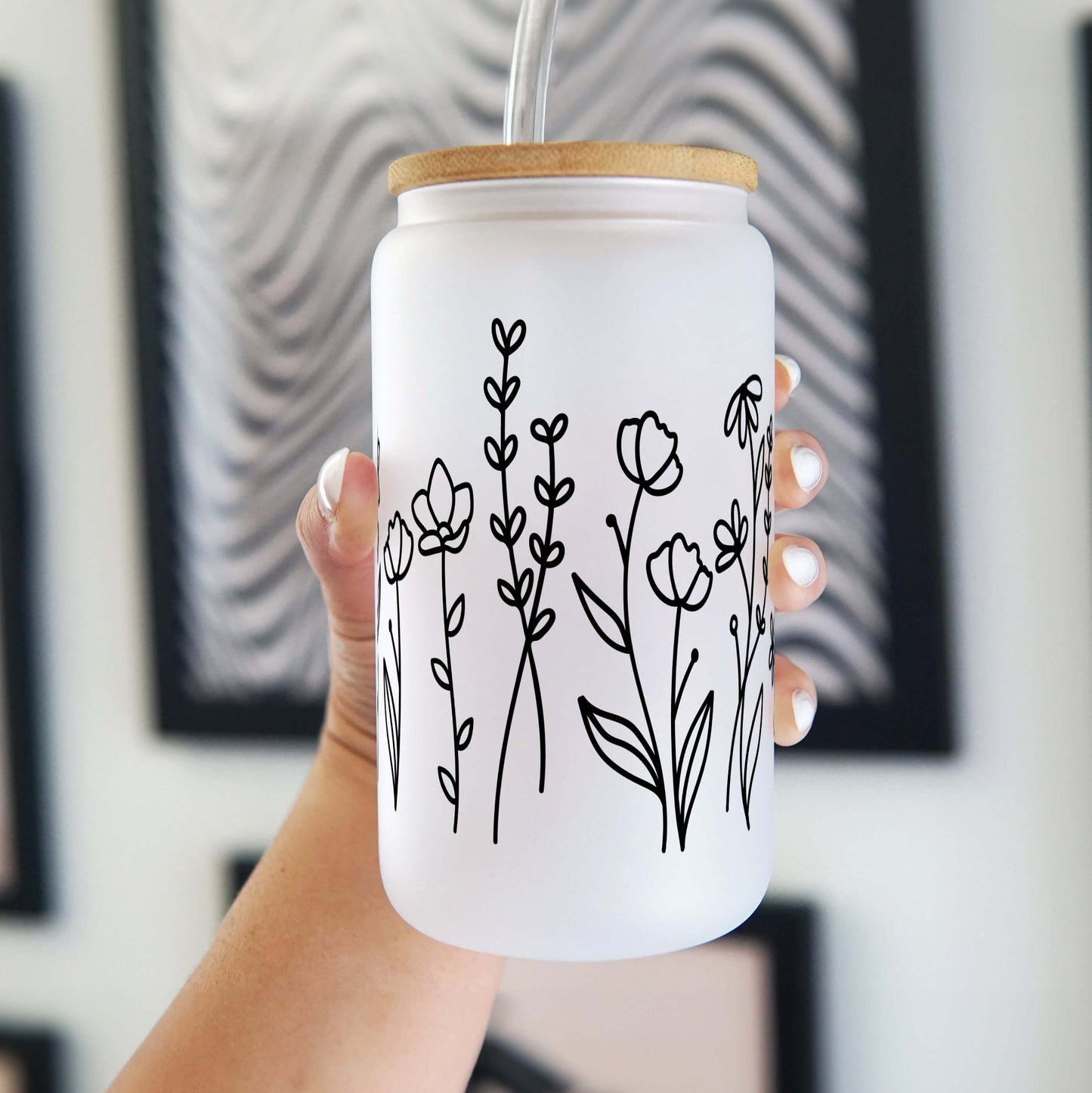 Black Wildflower Cup With Lid and Straw