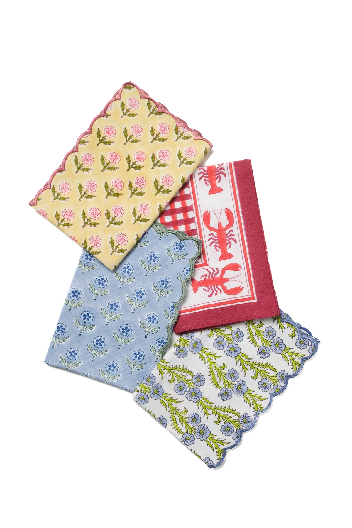 Forget-Me-Not Scallop Embroidered Blockprint Napkins, Set of 4