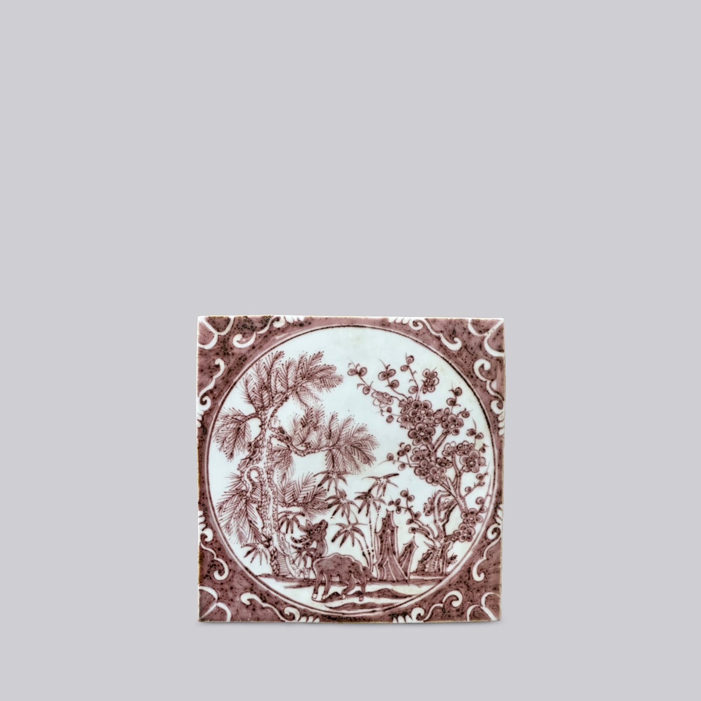 Hand Painted Porcelain Red and White Auspicious Deer Tile