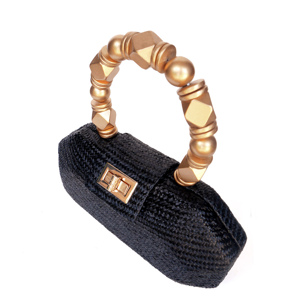 THE MELIA — Black Woven Straw Clutch with Beaded Top Handle