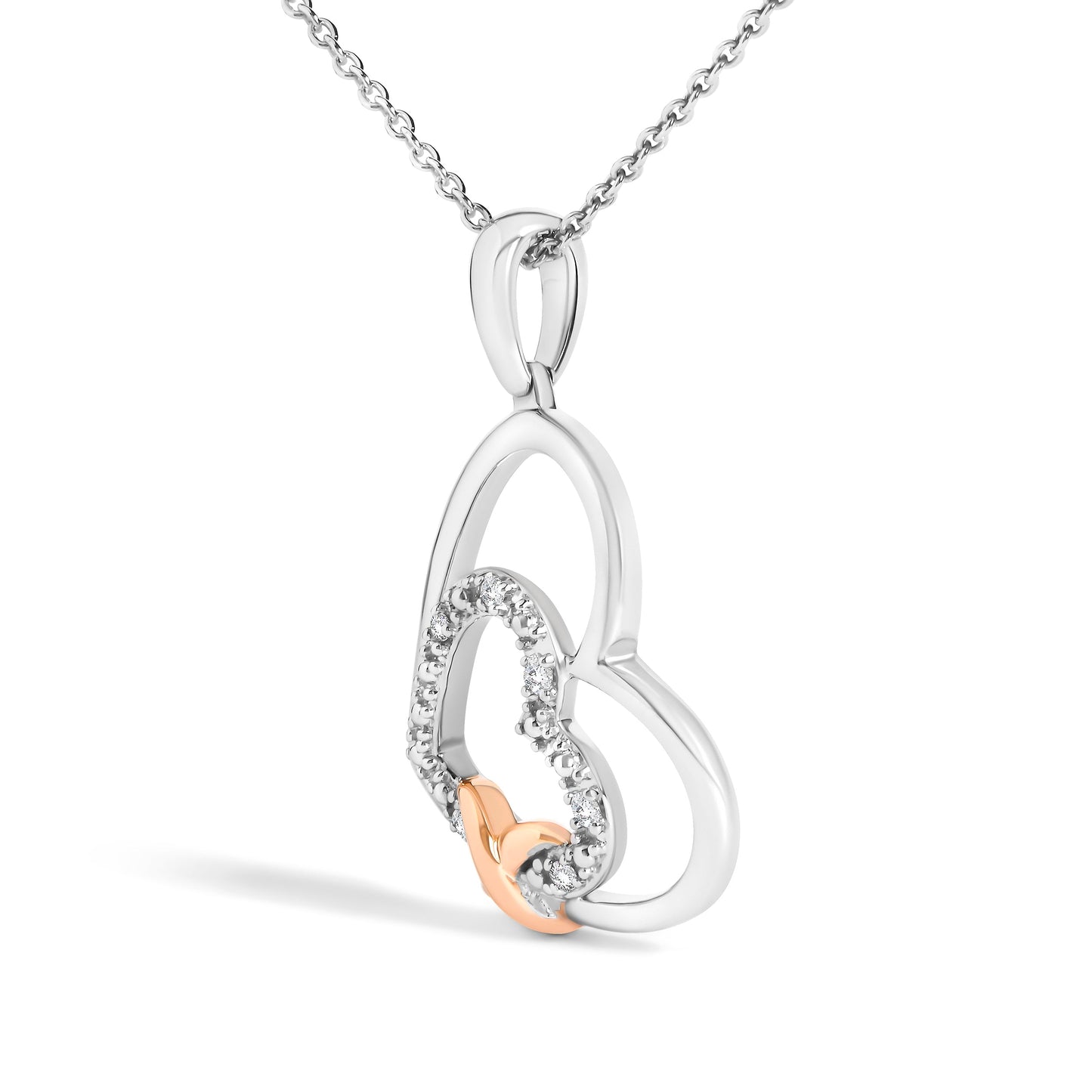 .925 Sterling Silver Double Heart Pendant Necklace with Diamond and 10K Rose Gold Accent