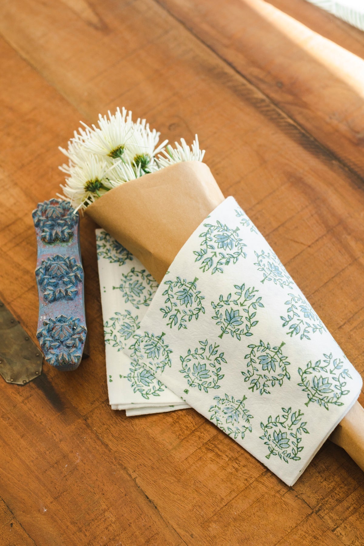 S/2 Tea Towel Set - Lotus & Stripe, Sage